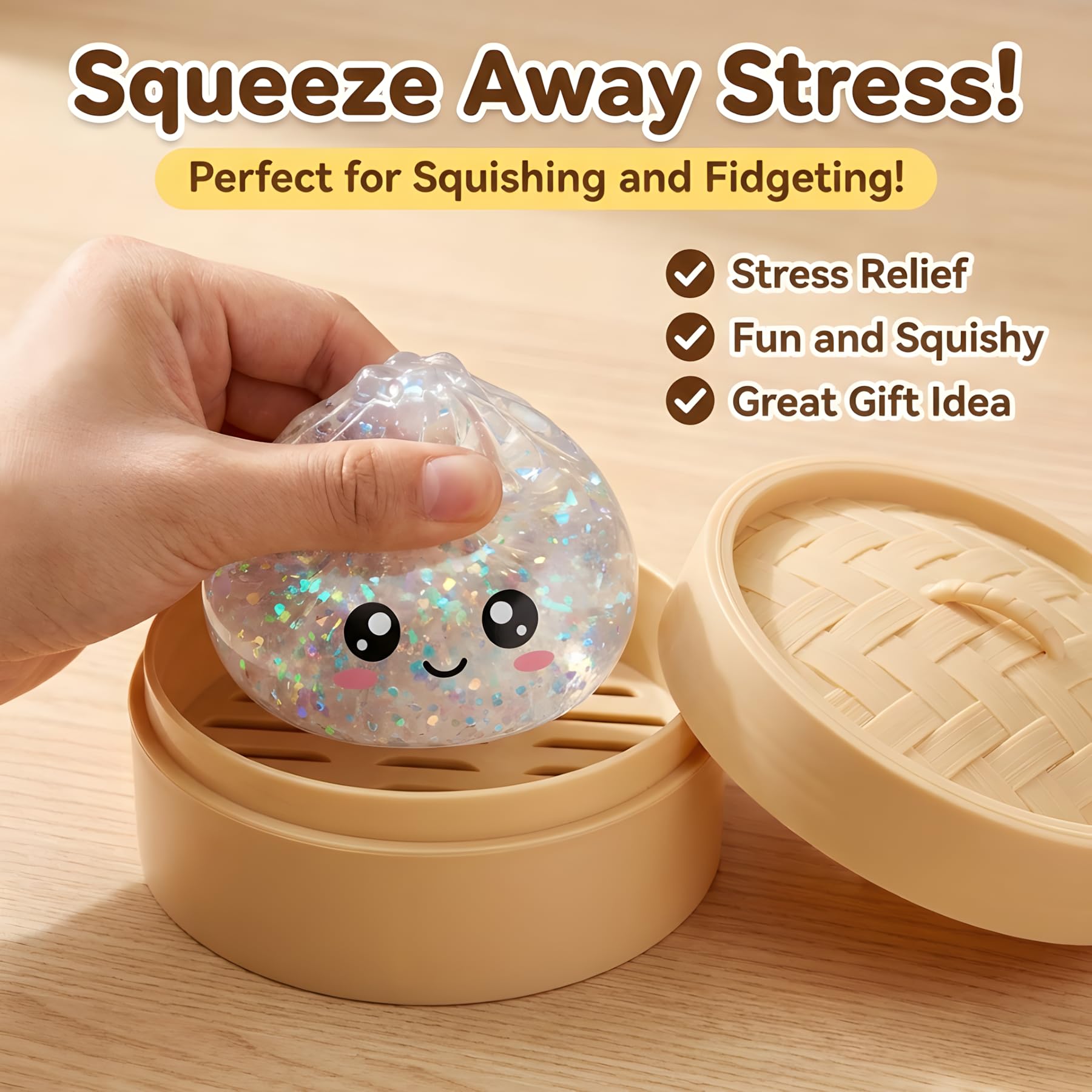 2026 New Glitter Dumpling Squishy, Mystery Dumpling Squishy with Steamer Box, Slow Rising Stress Relief Squeeze, Soft Dumpling Squishy Desk Accessory Novelty Gift — view 4