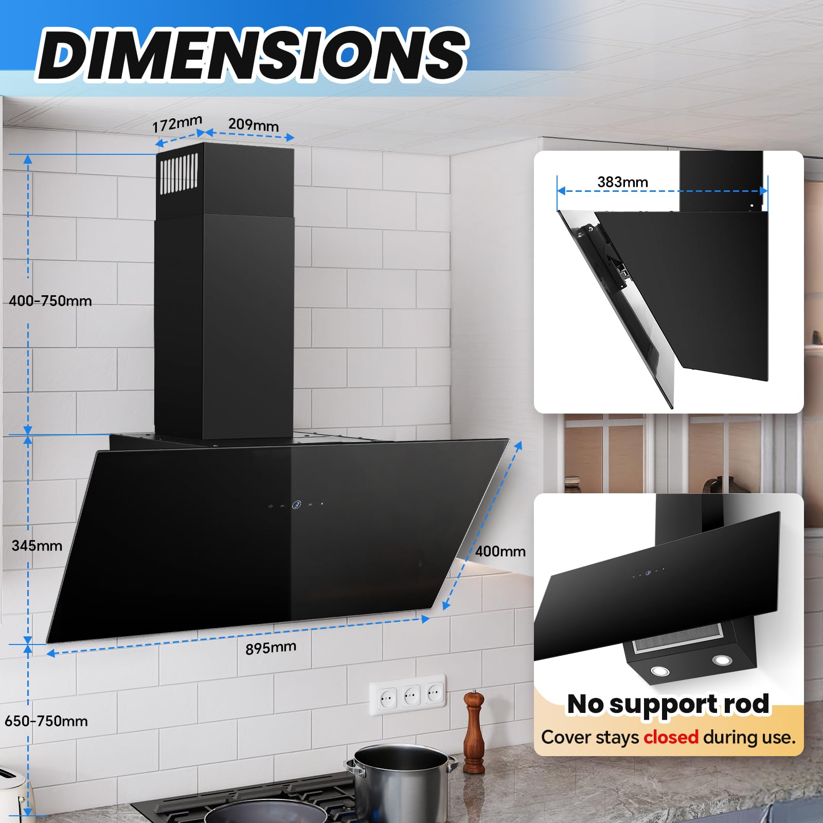 TopStrong Cooker Hood 90cm, 600 m³/h Extractor Fan kitchen, Wall-Mounted Extractor Hood, A++ Energy Efficiency, Touch Control, 58 dB, Recirculating & Ducting System, Black — view 7