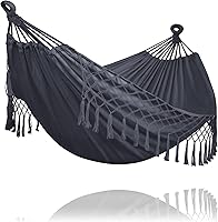 Vista 35 de SUNCREAT Hamaca colgante doble extragrande para camping, hamacas para 2 personas exteriores, resistente, gris oscuro con borlas