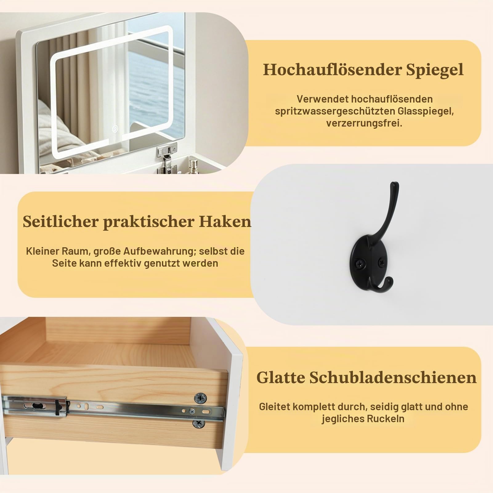 Kleiner Schminktisch mit Beleuchtung, Schminkkommode Schmal mit Klappspiegel, 3 in 1 Frisiertisch mit 3 Farben & Hocker, Kosmetiktisch 2 Schubladen, Sichtbarer Glasplatte für Kleine Räume (Weiß)