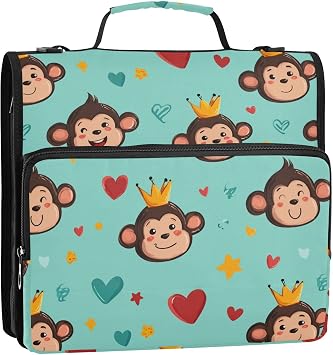 Monkey Crown Binder Bag Heart Cyan 1.5 Inch 3 Ring Zipper Bag with Shoulder Strap & Handle, Multi-Pocket Organizer Binder 500 Sheet Capacity for School Office Home