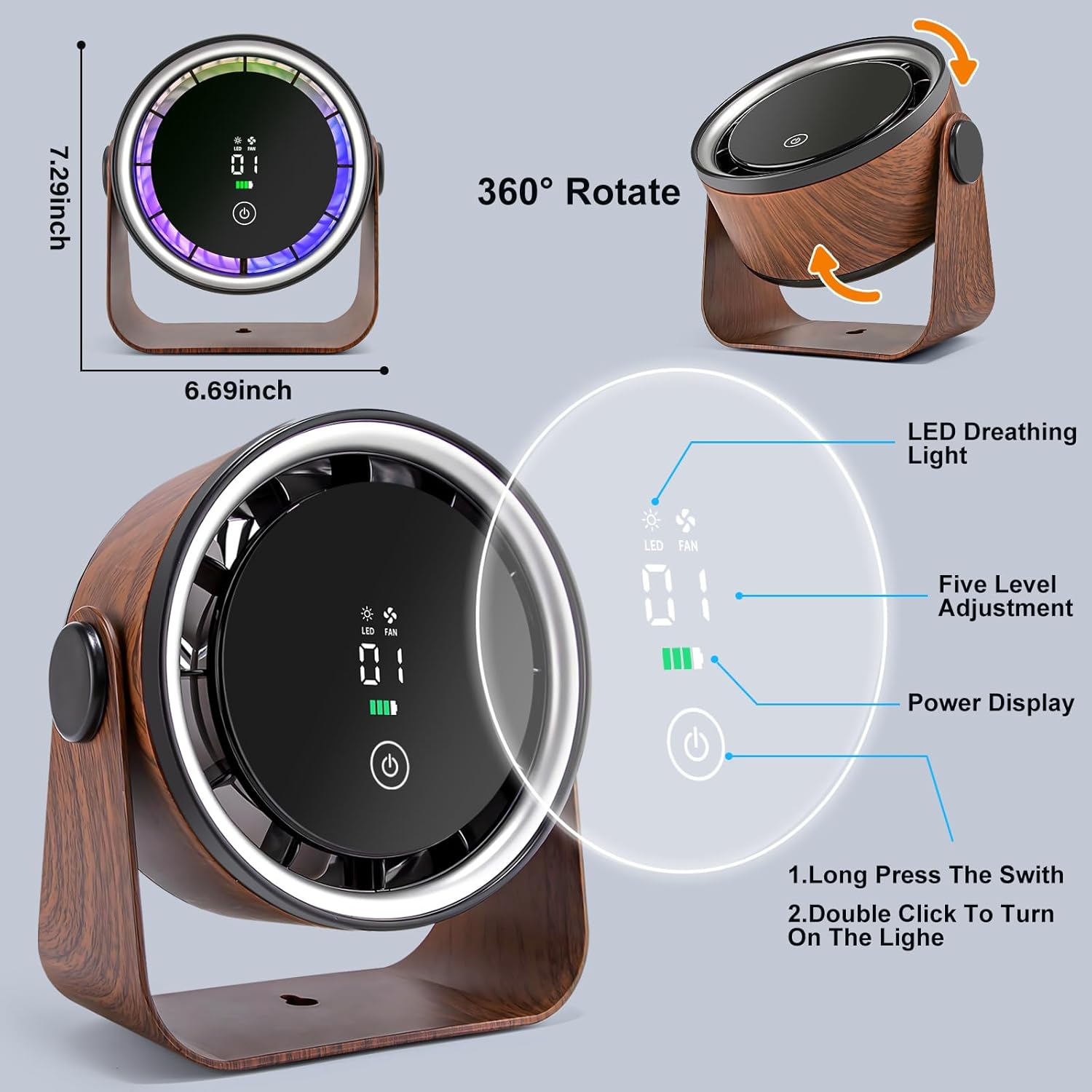 Small Desk Fan Battery Powered - Retro Low Noise Quiet Portable Gentle Blowing without Headaches Office Bedroom Sleep Table Top Wall Hanging Kitchen Travel Camping Dorm 5-Speed 360 Rotation Walnut image 8 of 8 B0DX71M3BK