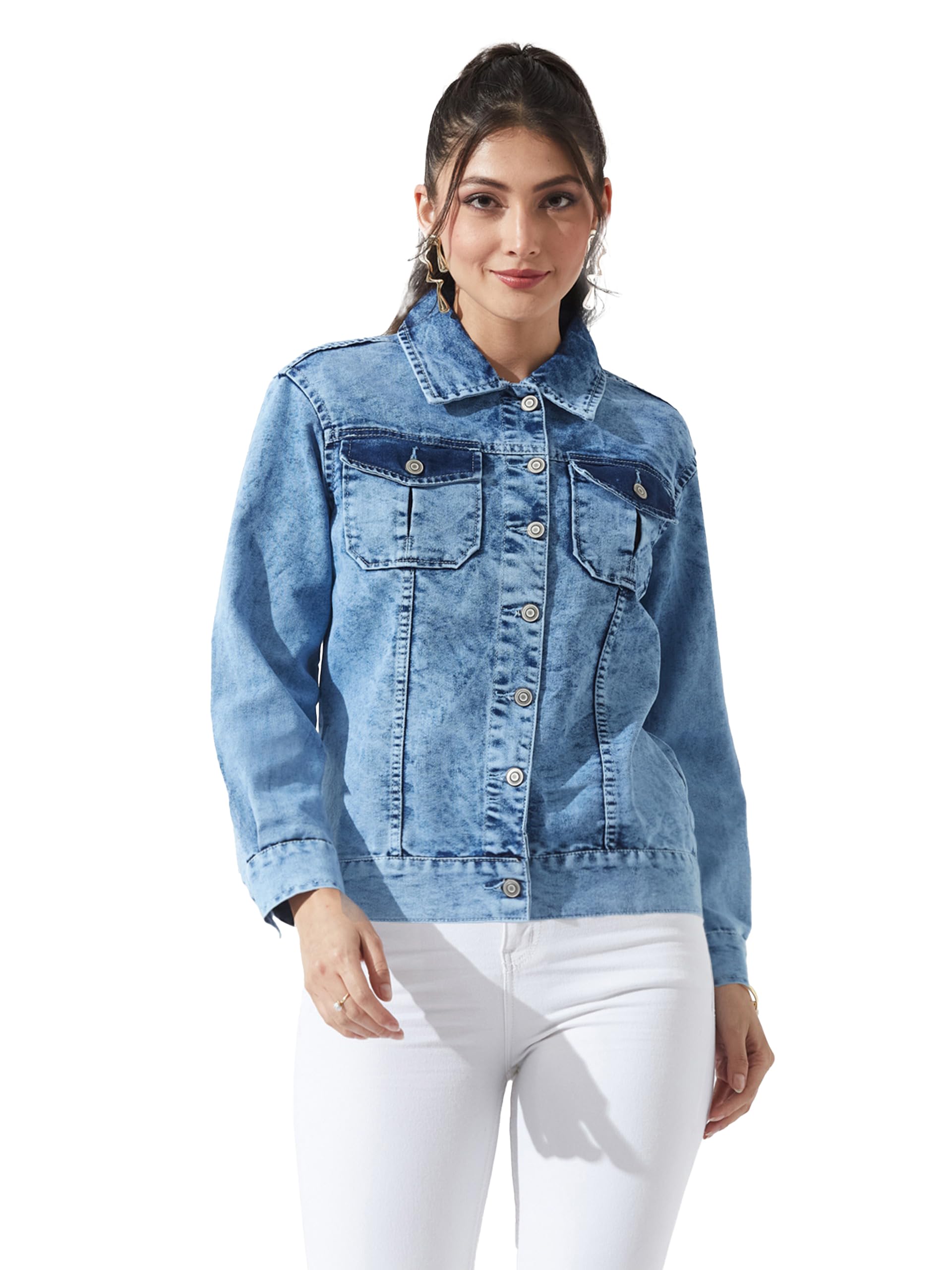 miss chase Women's Light Blue Shirt Collar Full Sleeve Hand Painted Regular-Length Denim Jacket-picture-19