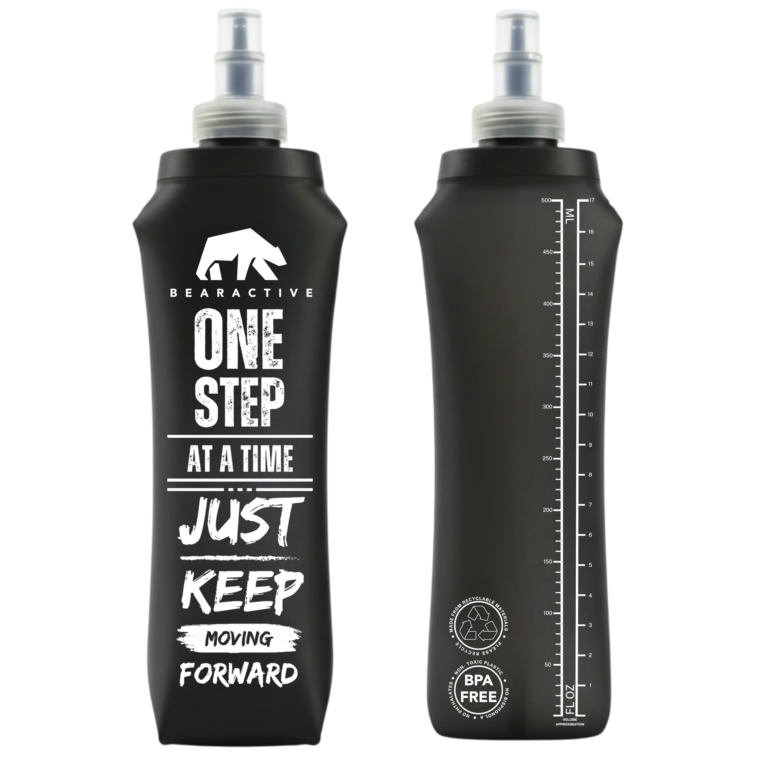 Bearactive Black 2 X Soft Flask Lightweight Running Water Bottle Soft Flask 500Ml - Tpu Bpa Free Plastic, Leak Proof Foldable Water Bottle, Collapsible Bottle For Running Vests & Belts (Black 2 X Soft Flask)