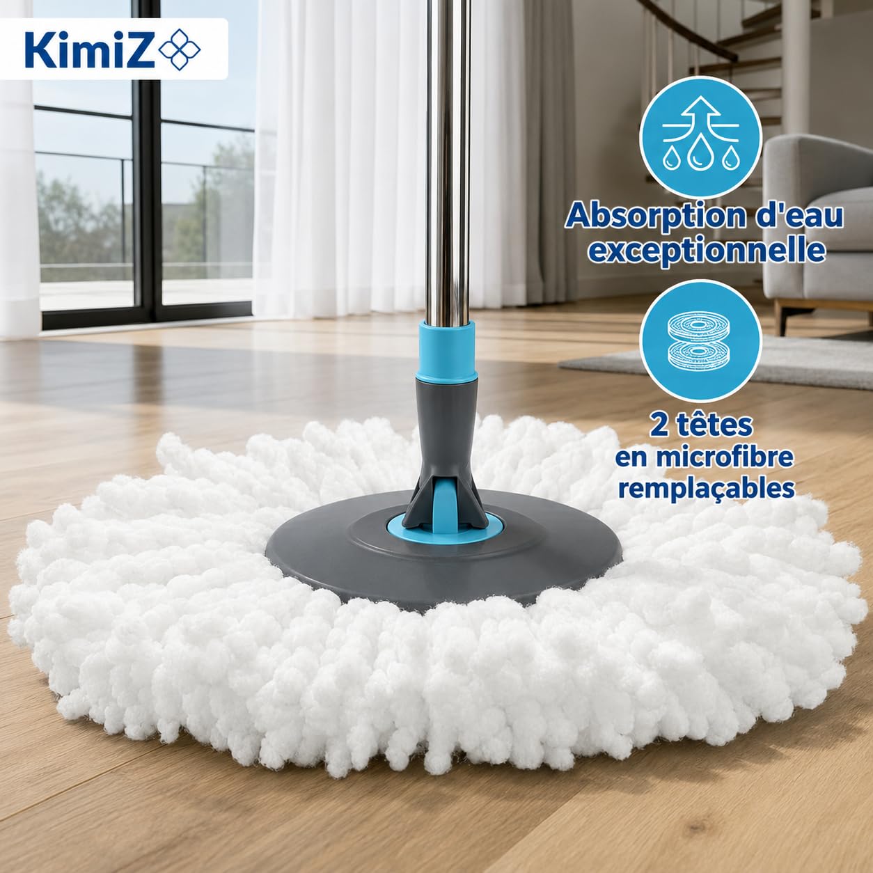 Kimiz Scopa mocio rotante con innovativo sistema di acqua pulita/acqua sporca – pulire sempre con acqua pulita – Secchio strizzatore a pedale con microfibra ultra assorbente