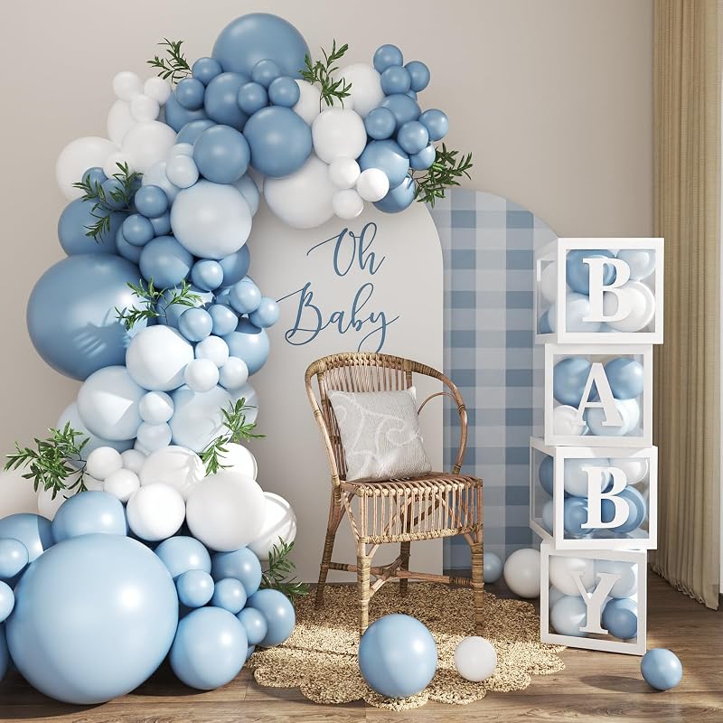 CROSSFINGERS Dusty Blue Balloon Baby Shower Decorations for Boy | 132Pcs Blue Balloon Arch Garland Kit Baby Boxes with Letters, Boy Boho Baby Shower Gender Reveal Birthday Party Decorations