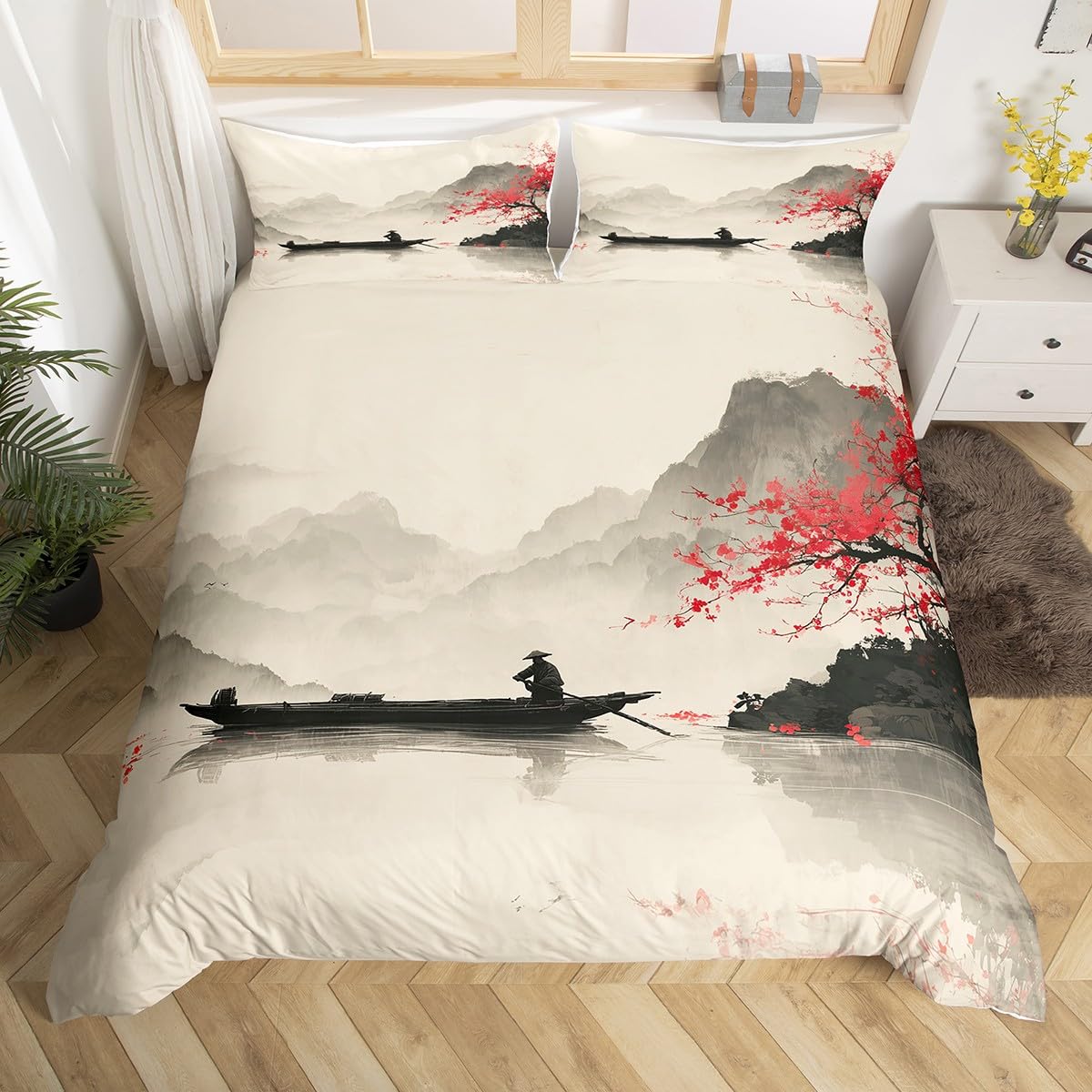Loussiesd Red Cherry Blossoms Kids Duvet Cover Single Size Boat Lake Mountain Bedding Set Chinese Ink Landscape Painting Comforter Cover for Kids Boys Girls Bedroom Japanese Style Decor Ultra — image 1