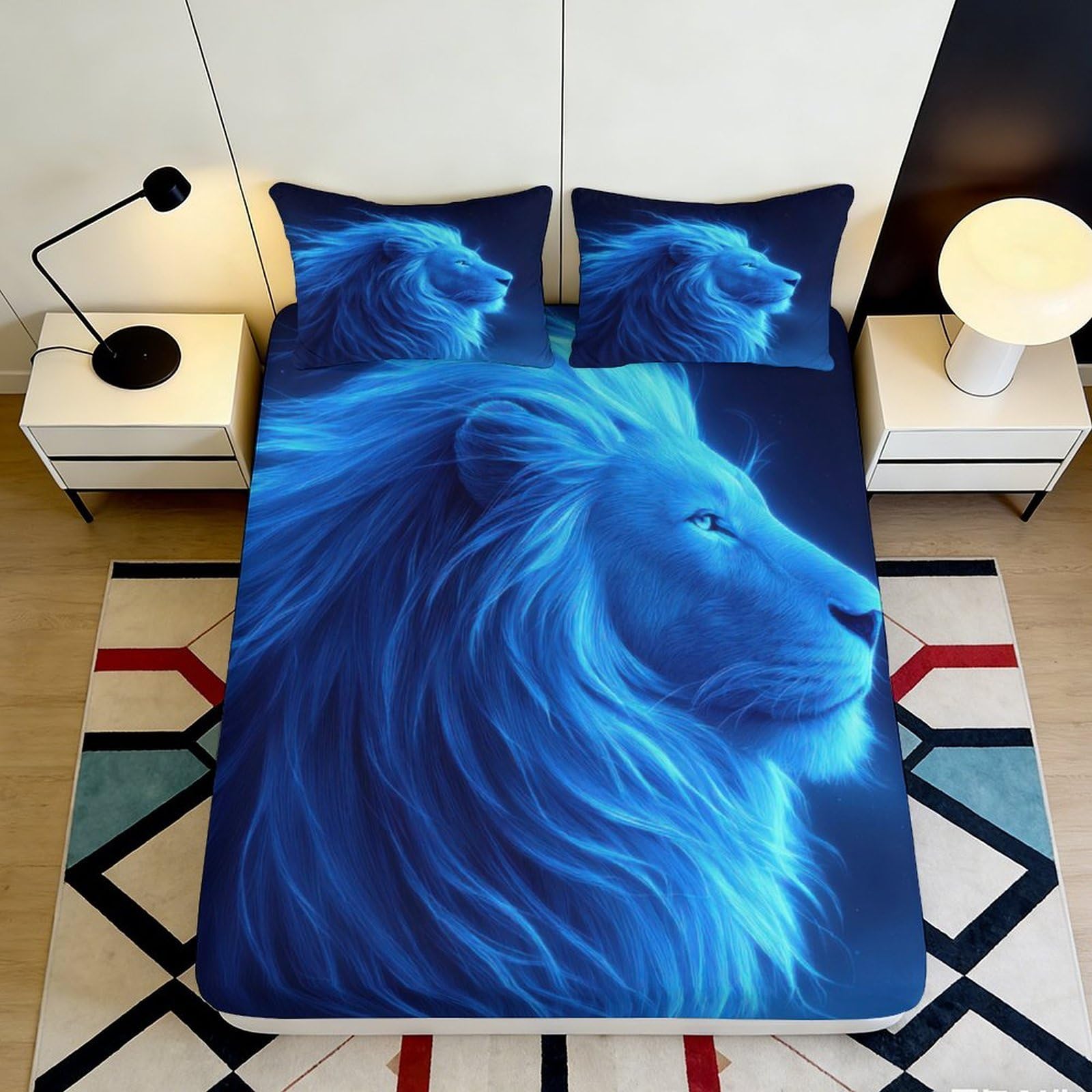 3D Printed Blue Lion Fitted Sheet Microfiber Deep Pocket Non-Slip Bedroom Bedding Blue Lion Mattress Fitted Cover Washable Wrap 200x200x25cm 90x200x25cm