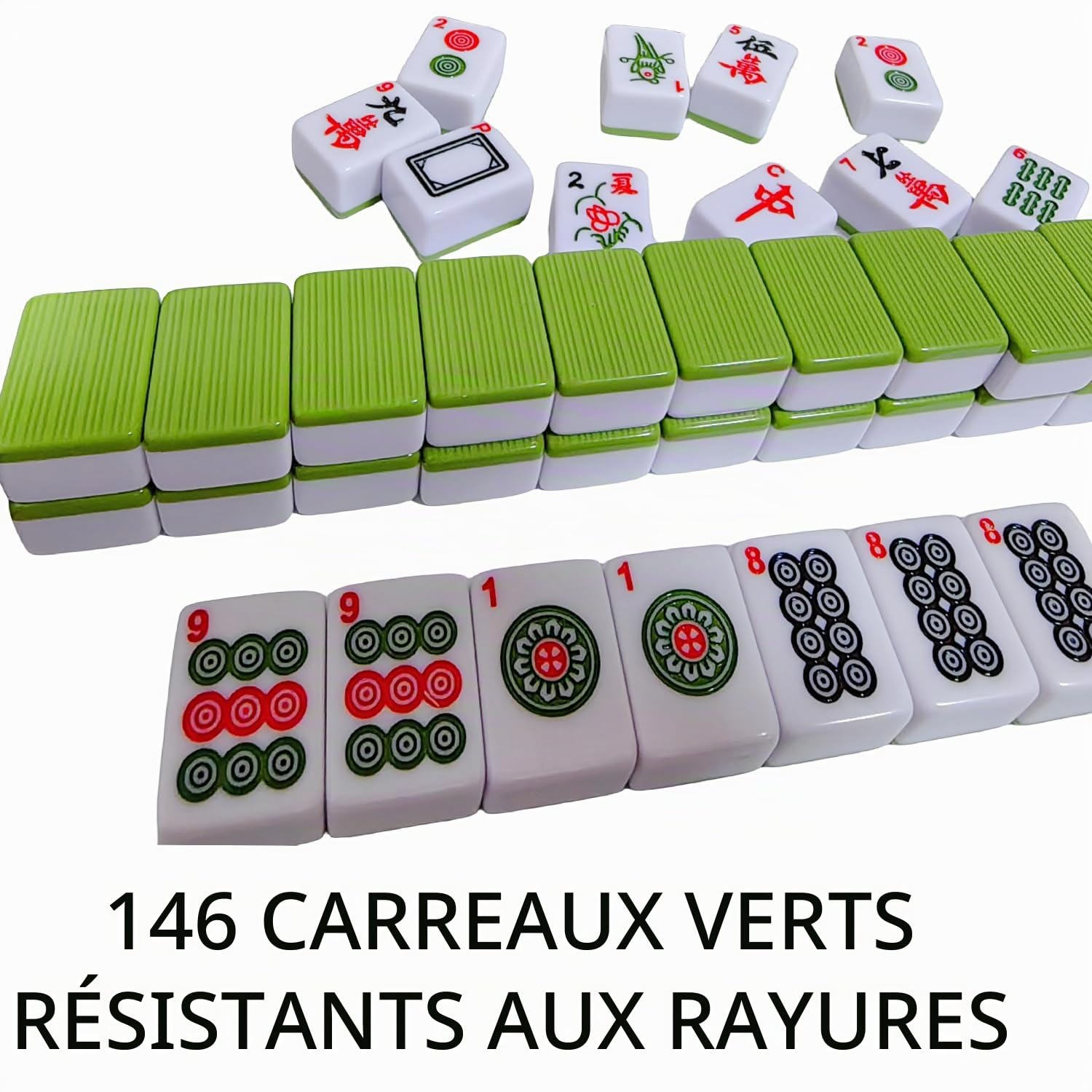 Set de Mahjong FOLLDALT, 144 pièces 3,0x2,25x1,7 cm Ensemble de tuiles Mahjong, set de Mahjong portable avec 3 dés, set de Mahjong format complet avec chiffres anglais pour voyage, fête, jeu en
