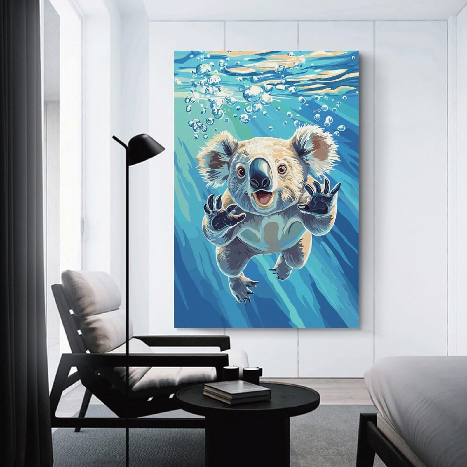 Junmoney Underwater Koala Illustration Wall Decor Canvas Print, 16x24inch(40x60cm), for Wall Displays, Bedrooms Or Room Updates, Wall Decor Suited to Curated Displays