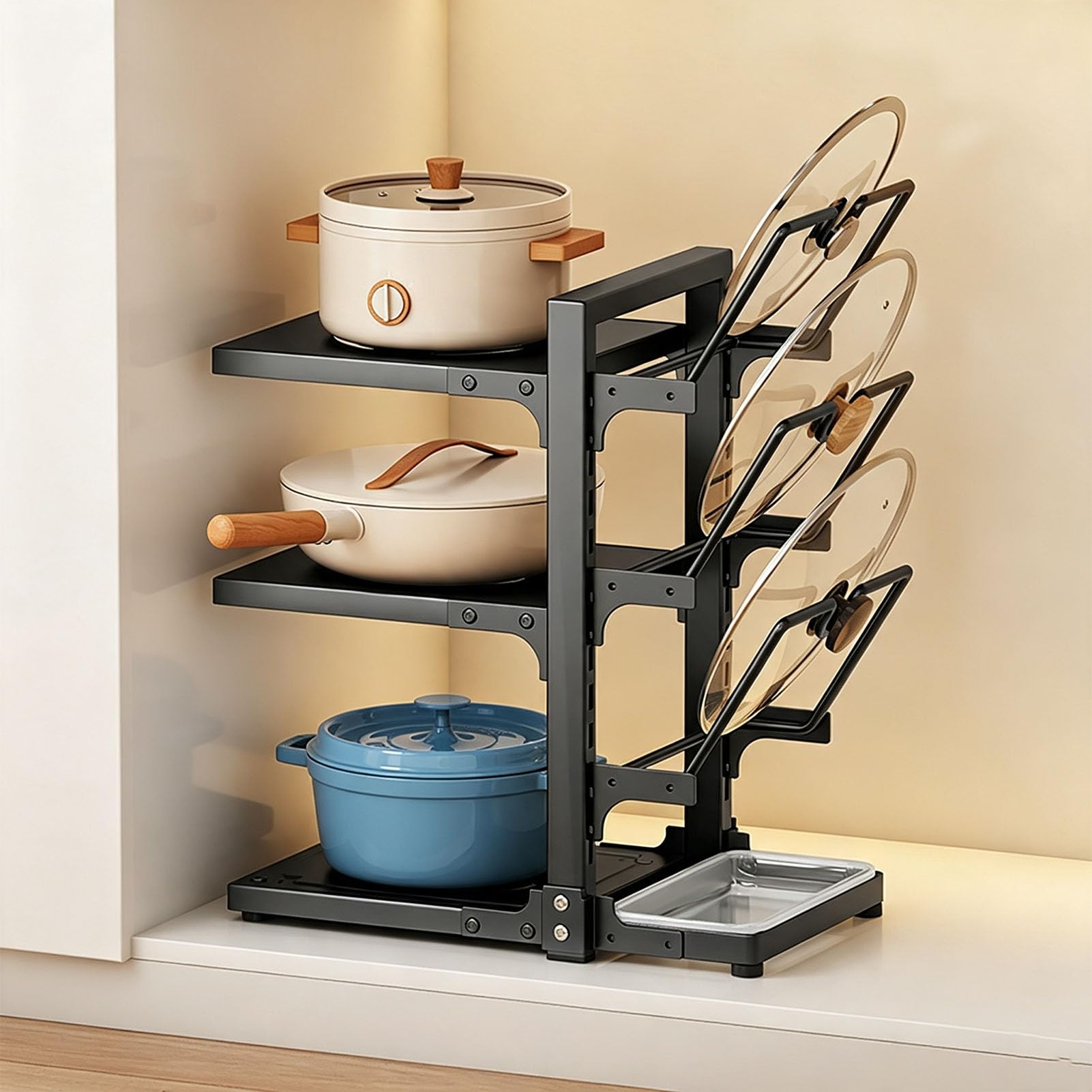 Supporto per Utensili da Cucina Regolabile in Altezza | Organizzatore Multifunzione con Vassoio Estraibile, Organizzatore per I Recipienti da Cucina Dell'uso Domestico Quotidiano