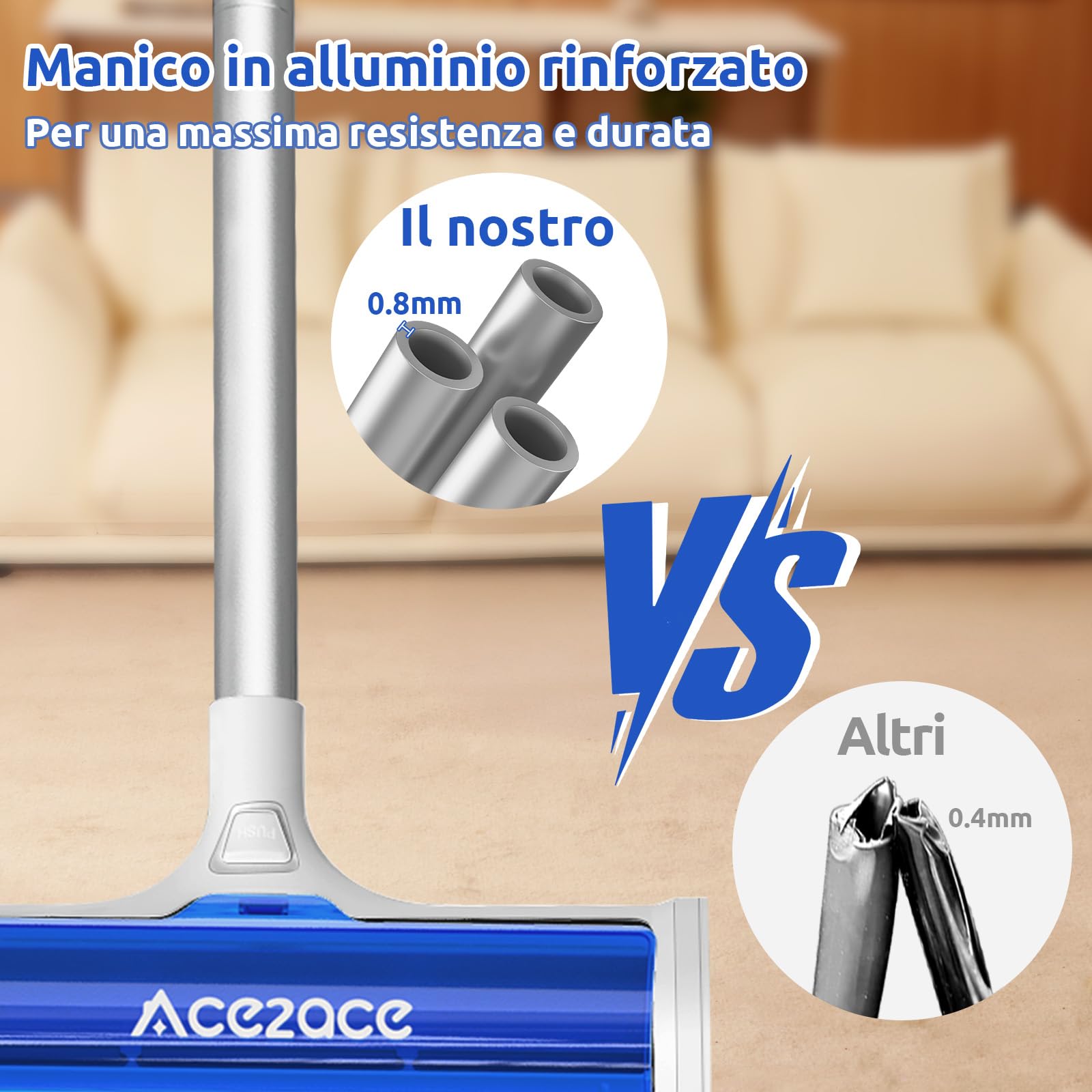 ACE2ACE A3 PRO Spazzola Peli Animali da Tappeti, Spazzatrice Autopulente a Raccolta Autonoma, Spazzola per Tappeti con Manico Lungo 1.5m per Rimuovere Peli di Cane e Gatto da Moquette e Stuoie, Blu
