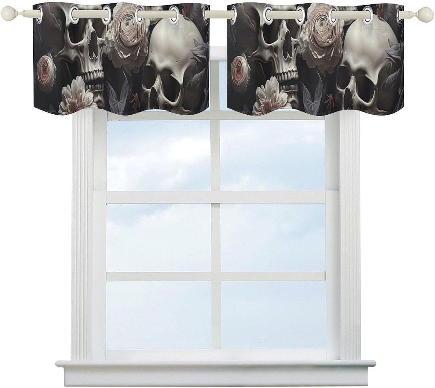 Black and White Flowers and Skull Valance for Windows, 2 Pack Kitchen Curtains Modern Home Decor, Soft Blackout Window Curtains for Living Room & Bedroom, 18 X 52 Inch