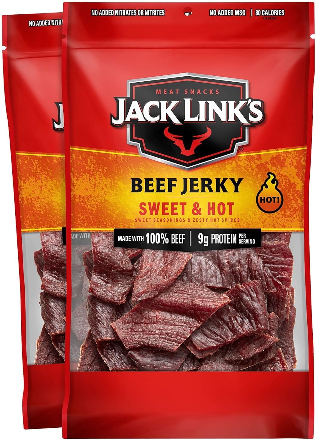 Jack Link's Beef Jerky, Sweet & Hot, Large Jerky Bags - Flavorful Meat Snacks, Ready to Eat Protein Snacks, 9g of Protein per Serving, Made with 100% Beef - 9 Oz. (Pack of 2)