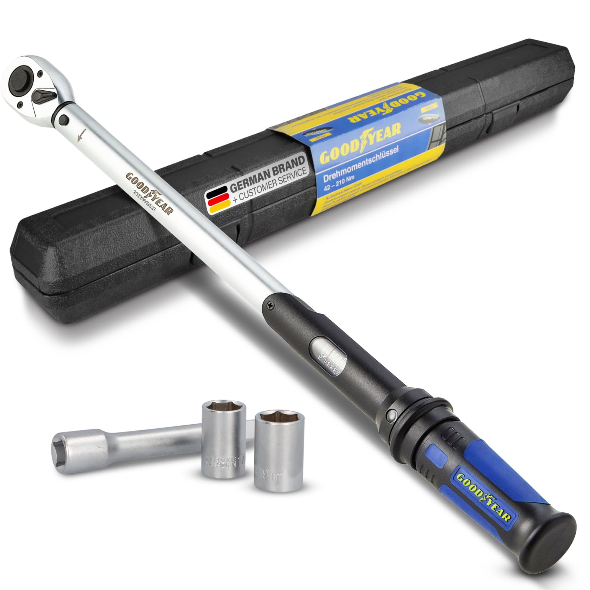 Goodyear Premium torque wrench, adjustable from 42 to 210 Nm, 1/2" square drive, incl. extension and 17 mm and 19 mm sockets