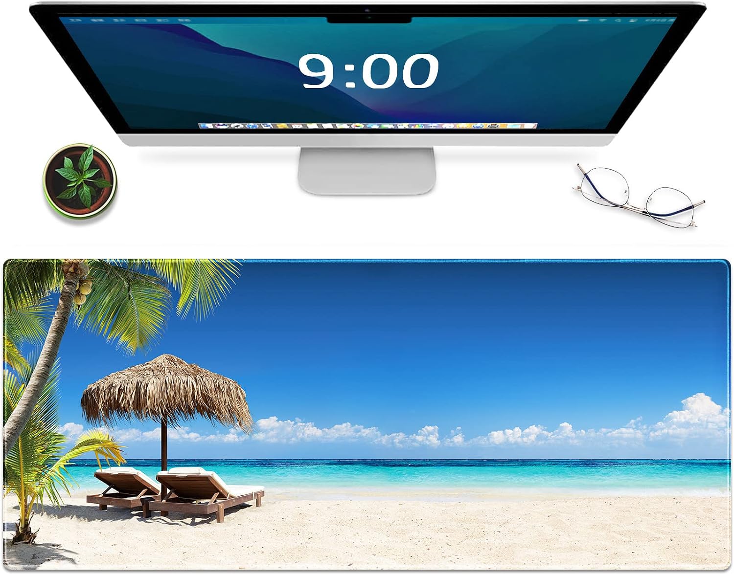 Galdas Gaming Mouse Pad Beach Pattern XXL XL Large Mouse Pad Mat Long Extended Mousepad Desk Pad Non-Slip Rubber Mice Pads Stitched Edges Thin Pad (31.5x11.8x0.12 Inch)- Tropical Palm Sea and Beach