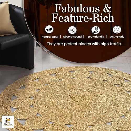 Vista 10 de GRUHUM Alfombra tejida a mano de yute redonda de 4 pies, de fibra natural, alfombra bohemia rústica, vintage, trenzada, reversible, ecológica