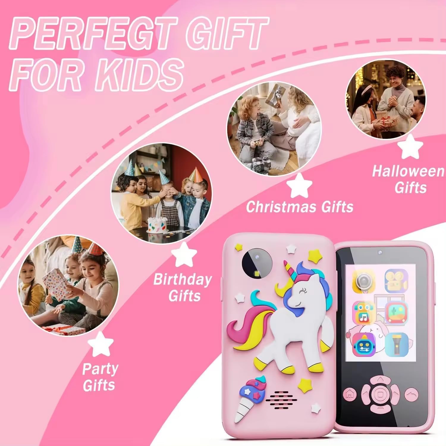 MOKRUSH Kids Unicorn Smartphone Toy, 2.4" Screen, 8MP Camera, MP3 Player, Built-in Games (Pink) 3