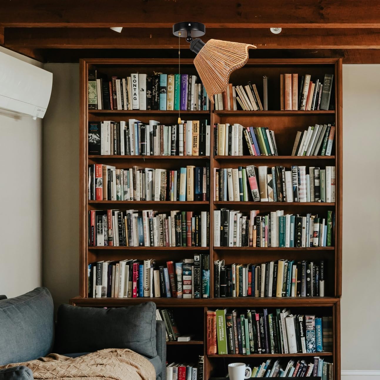 Gimbaled Wall Light, Zipper Switch 12V RV Woven Natural Boho Rattan Bell Shape, Replaceable 2700K Bulb Included Semi Flush Mount Interior Lighting Decorative for Camper