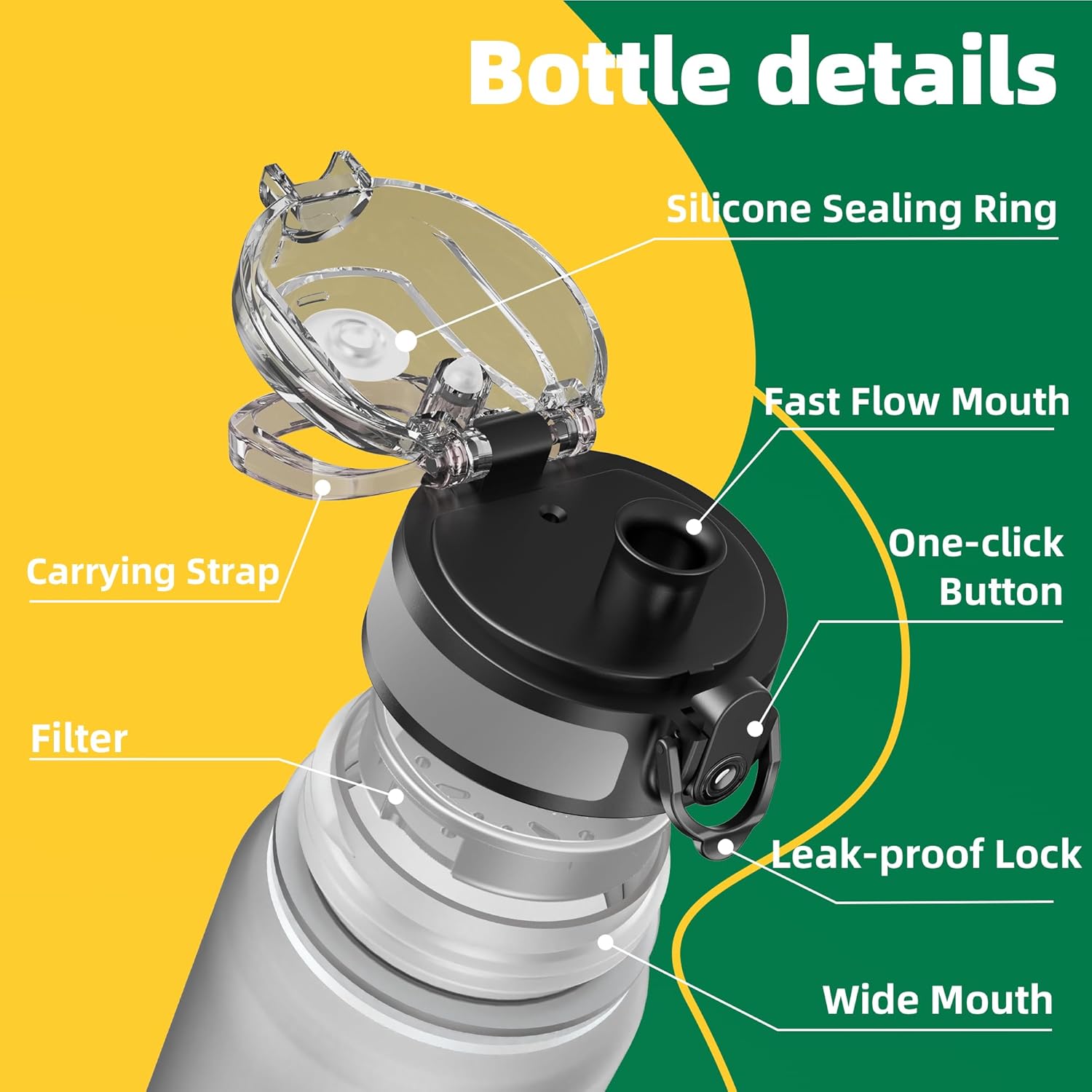 OLDLEY 32 oz Water Bottle, Motivational Water Bottle with Time Marker, Sports Water Bottle With Strap, Leakproof & BPA Free Large Water Bottles for School, Gym, Travel, Outdoor, Tritan,Gray - Image 2