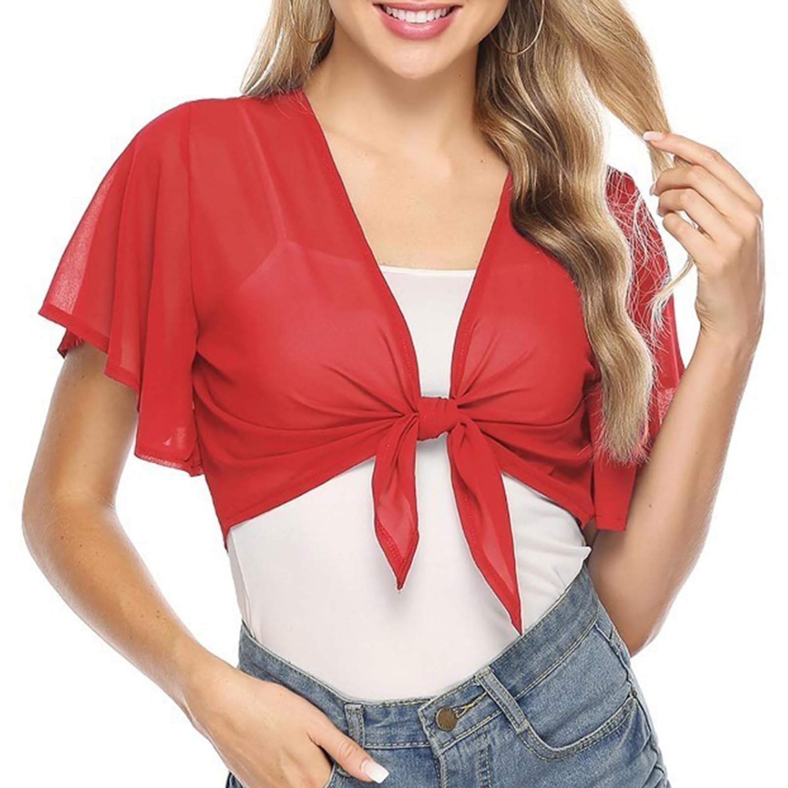 Buxuaaaa Women's Red Sheer Chiffons Short Sleeve Tie Front Shrugs Boleros For Cropped Kimono Cardigans Perfect With Cami Dresses Lightweight Coverups