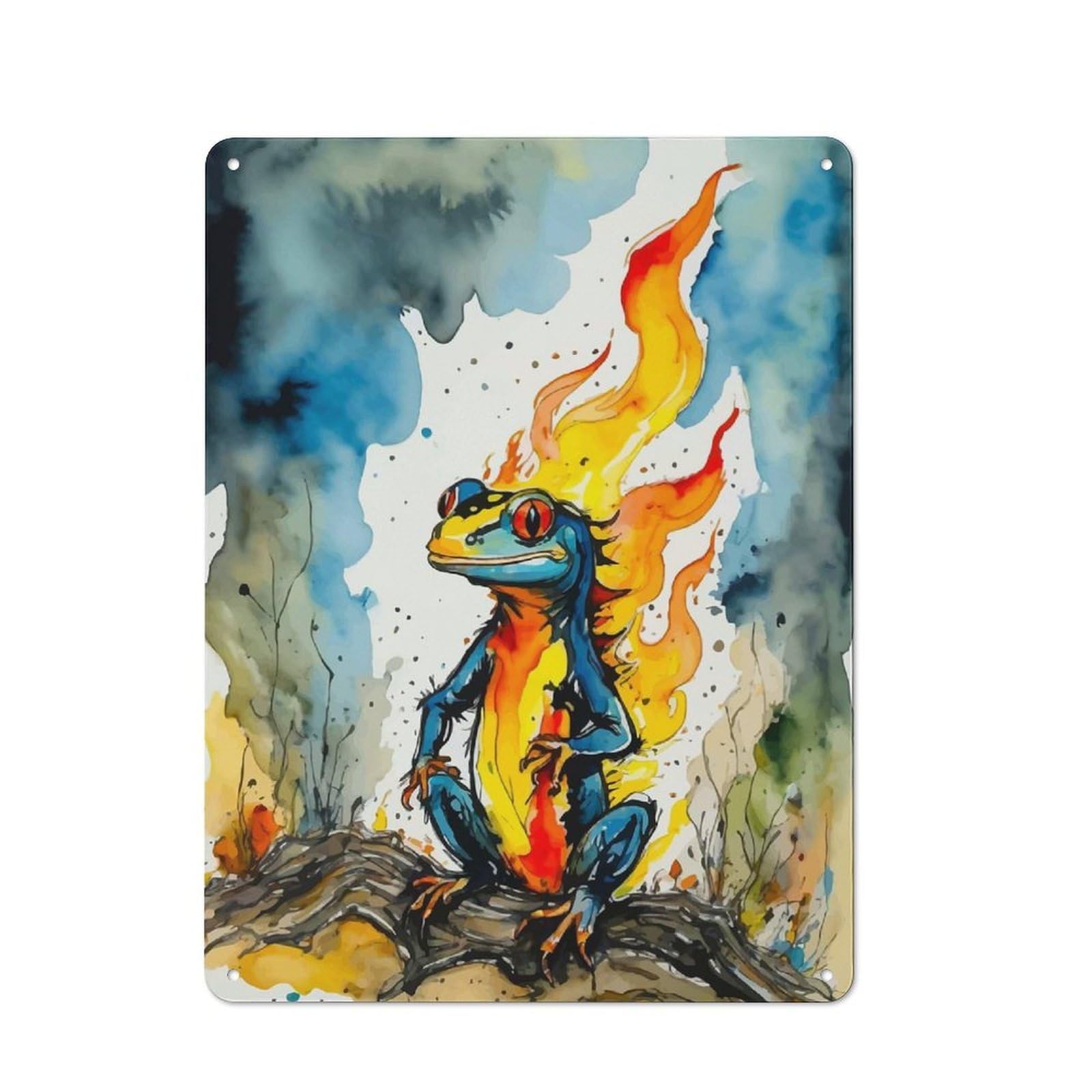 Junmoney Fire Frog Watercolor 40X30cm Retro Tin Sign With For Dining Room Or Kitchen, For Metal Sign Collectors, For Garage And Workshop Walls