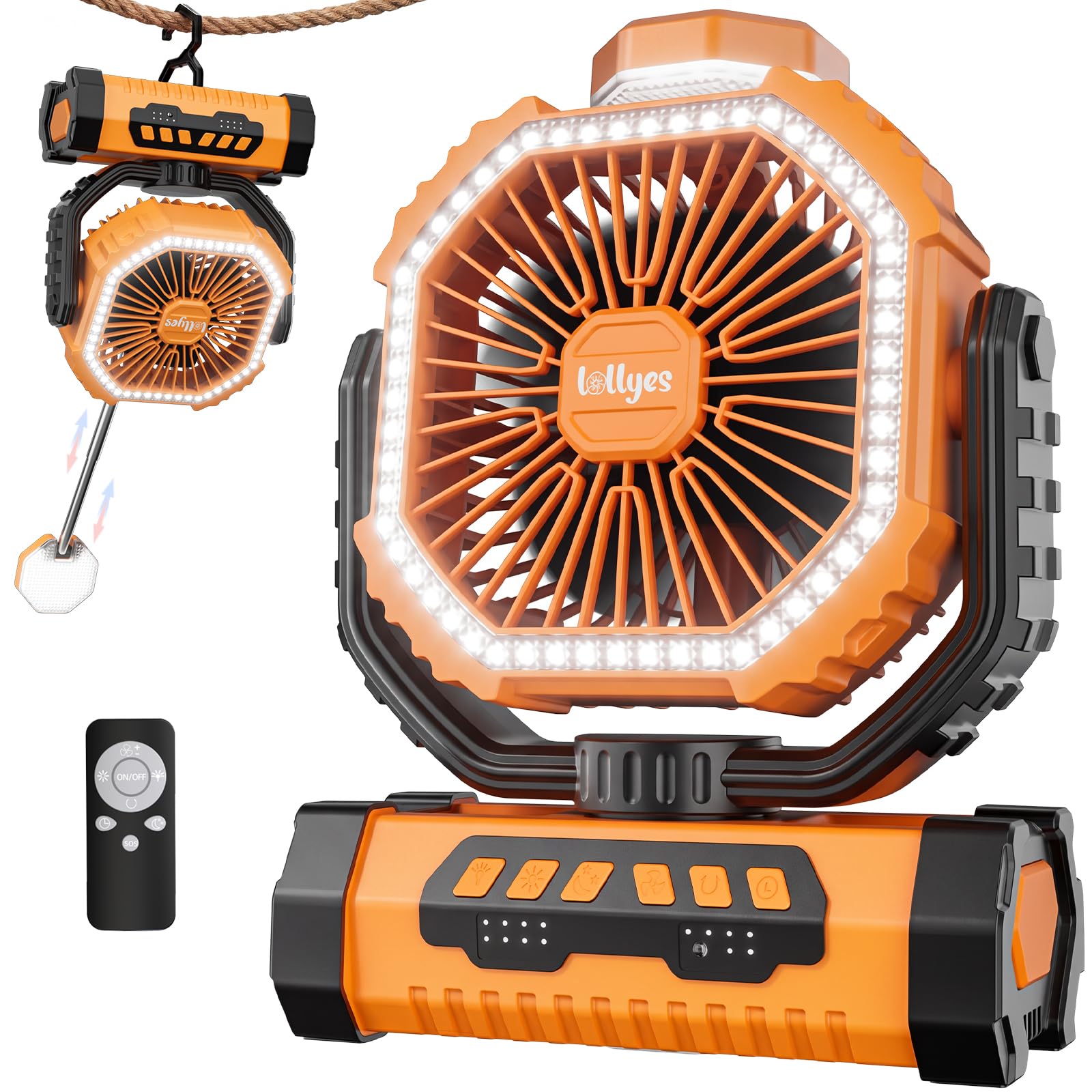 Ventilatore da Campeggio con Luce, Alimentazione a Batteria 20000mAh, Ventilatore Portatile Ricaricabile con Telecomando e Gancio Rotante a 360°, 4 Velocità per Interni, Viaggi, Camper (Arancione)