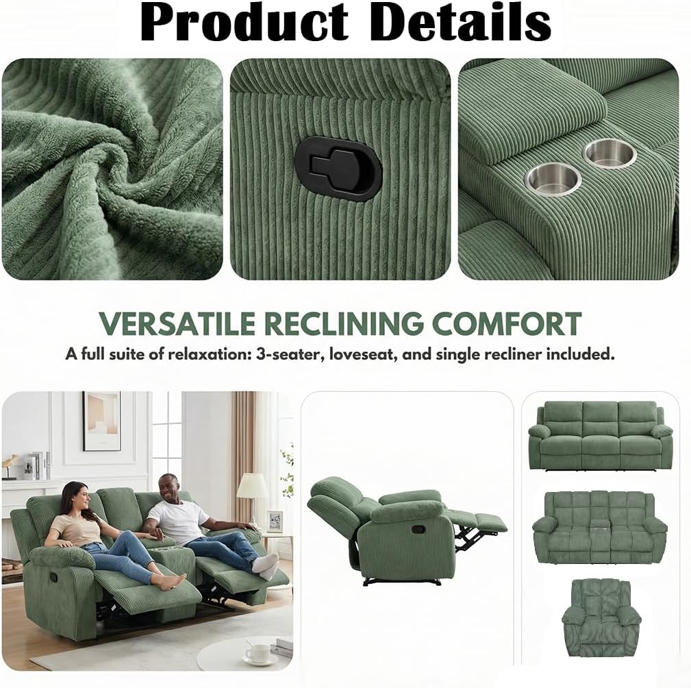 Manual Recliner Sofa Set,Corduroy Reclining Couch Set,Modern Living Room Furniture Set,Reclining Sofa Couch Chair for Living Room Home Office(Green,3 Pieces Set)