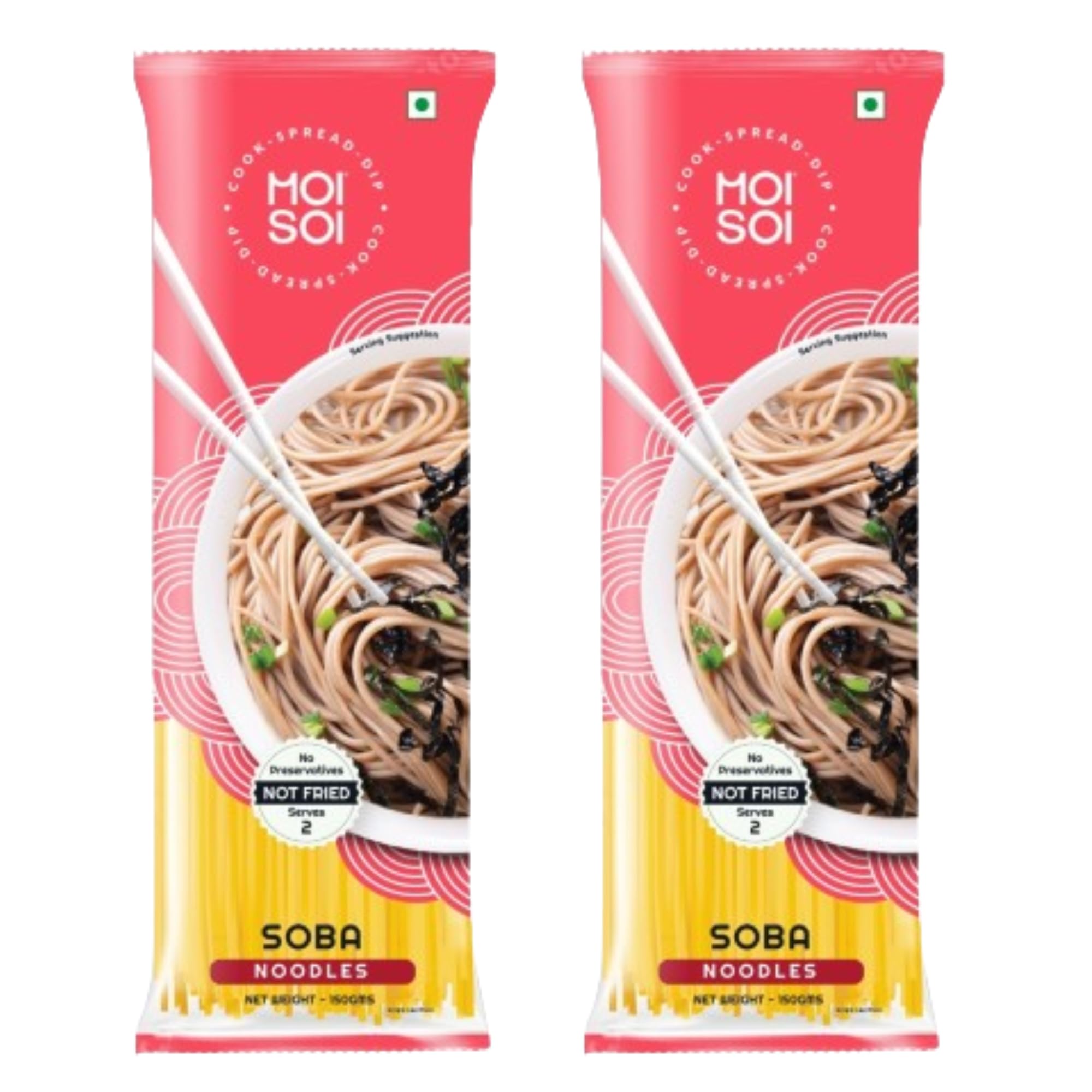 MOI SOI® Healthy Soba Noodles Pack of 2 | Made with 30% Buckwheat Flour & 55% Whole Wheat | No Maida, Not Fried | 100% Natural | No Artificial Preservatives or MSG | Serves 4-150gms each packet