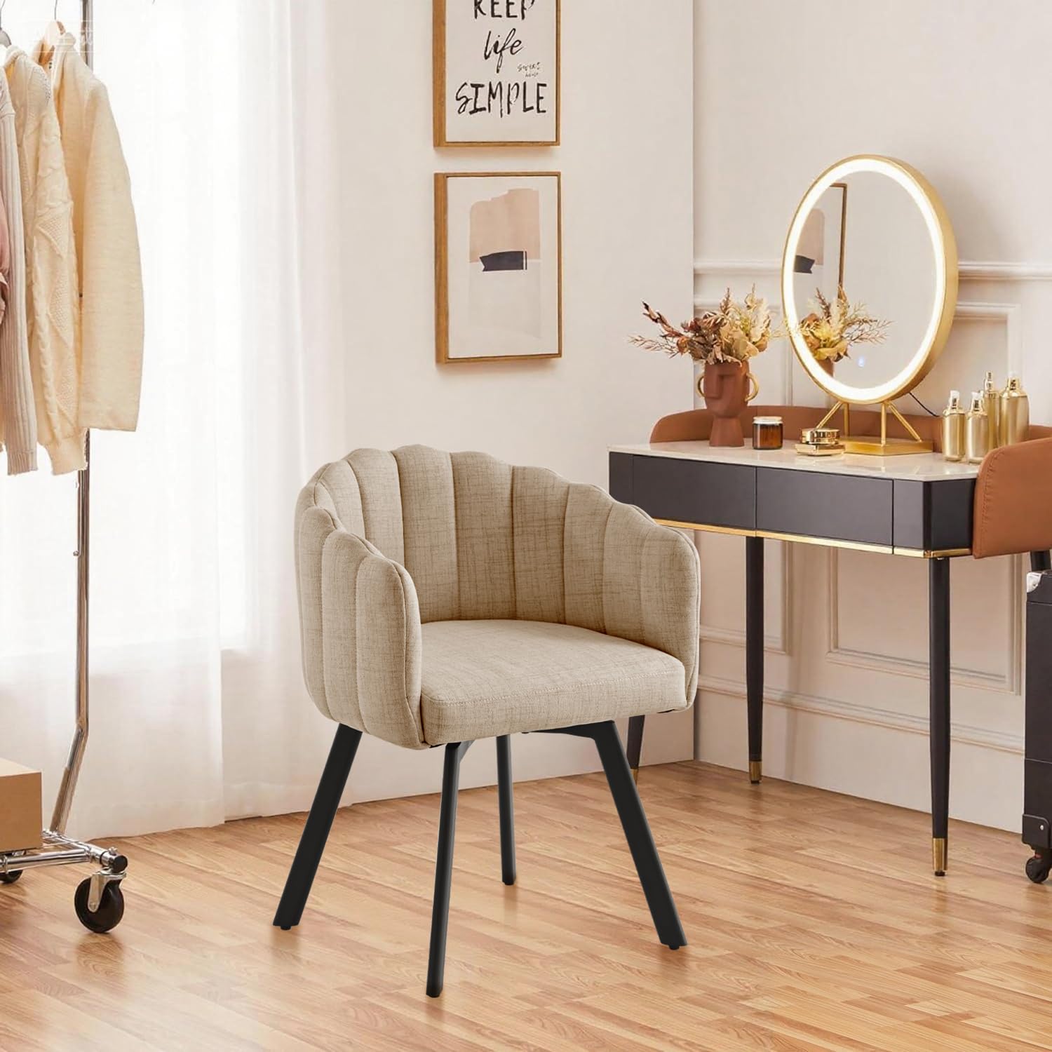 Sillas de comedor giratorias, juego de 2 sillas giratorias de comedor con reposabrazos, sillas tapizadas de tela de lino, sillas giratorias con patas de metal, sillas de cocina, sillones de