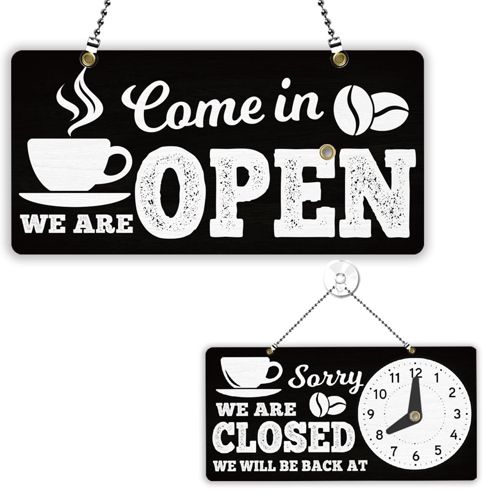 PLIGREAT Retro Open Closed Sign, Double-Sided Opened Sign with Clock We Are Open Closed Signs for Business Retail Store Window Wall Decor Hanging Door Signs with Chain, Vintage Coffee