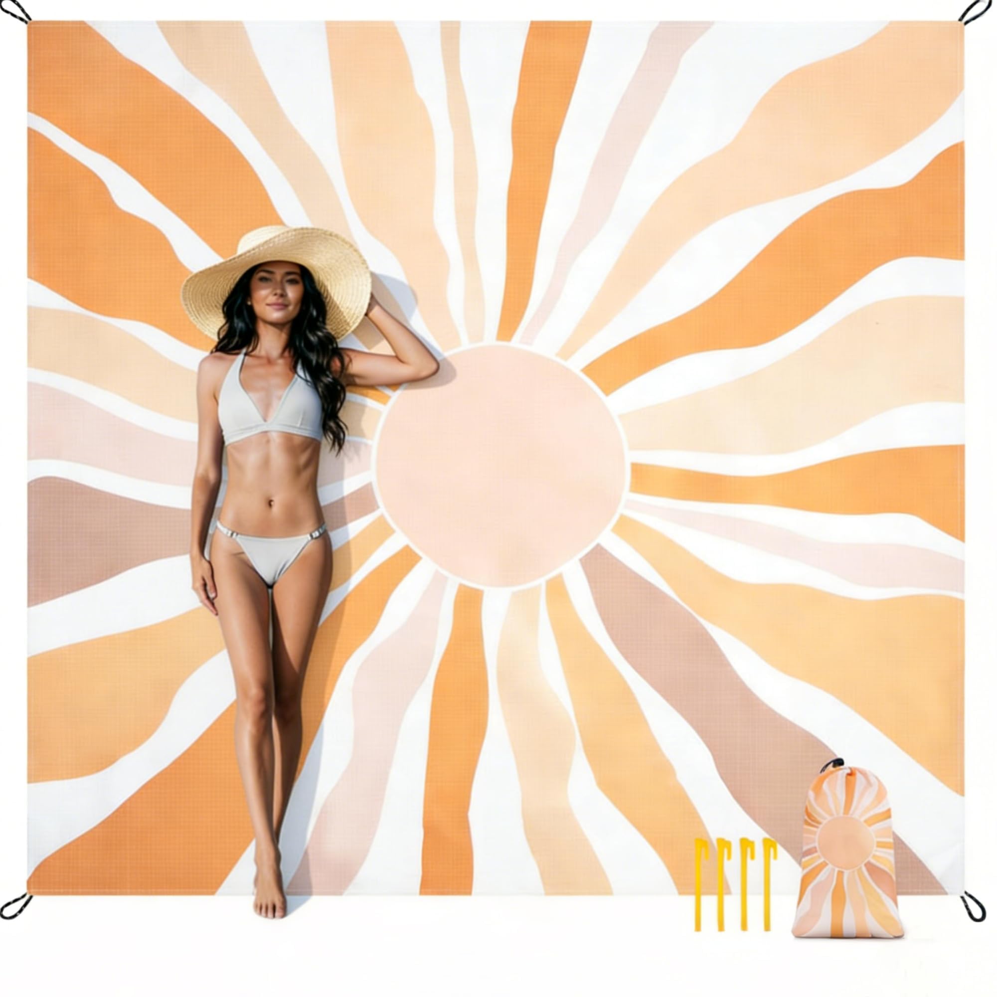 Couverture de plage imperméable et anti-sable – Grande couverture de pique-nique avec piquets de sol et sac de transport – Légère, à séchage rapide et compacte – Tapis de plage pour
