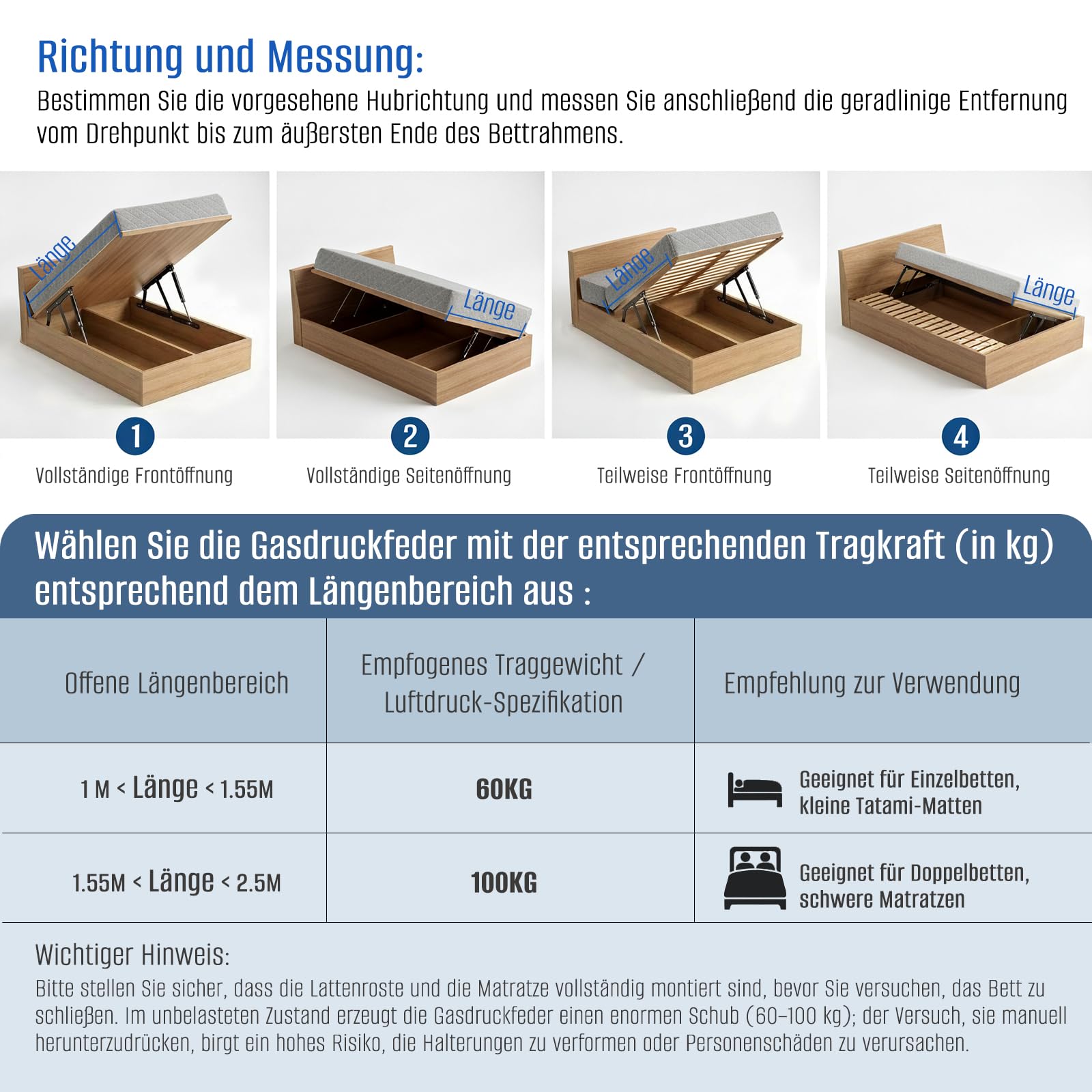 Pneumatische Bett Hebemechanismus 2 Stück Gasdruckfeder für schwere Bettkästen 60 kg Ladekapazität Scharniere Klapp Lift Up Feder Scharniere für Bett Aufbewahrungsbett Box Zubehör Sofa（60KG）
