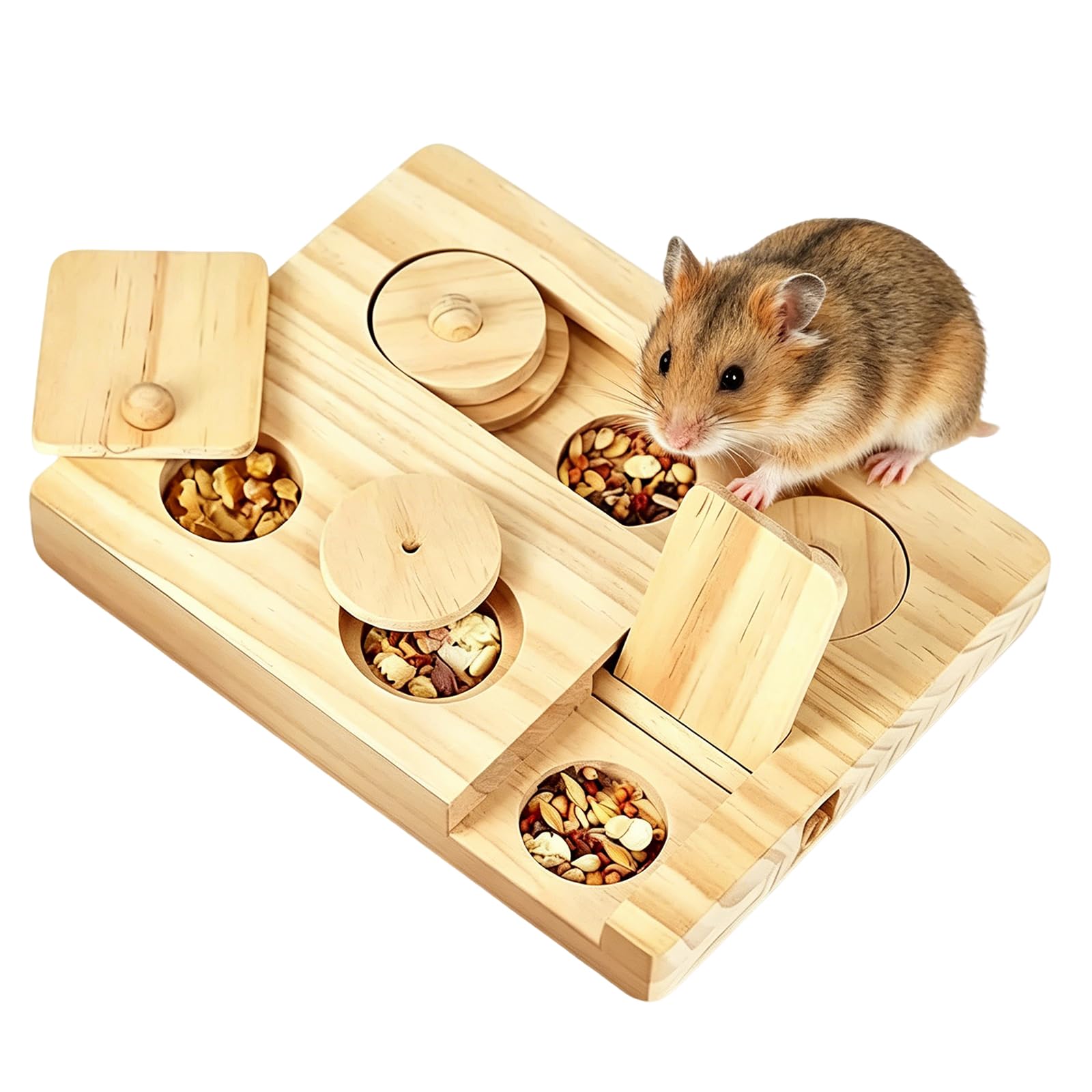 HAOQIAGA Guinea Pig Foraging Toys, 6 in 1 Wooden Interactive Enrichment Toy for Hamsters with Food Holes for Small Animals Hamsters Guinea Pigs Rabbits Chinchillas Gerbils