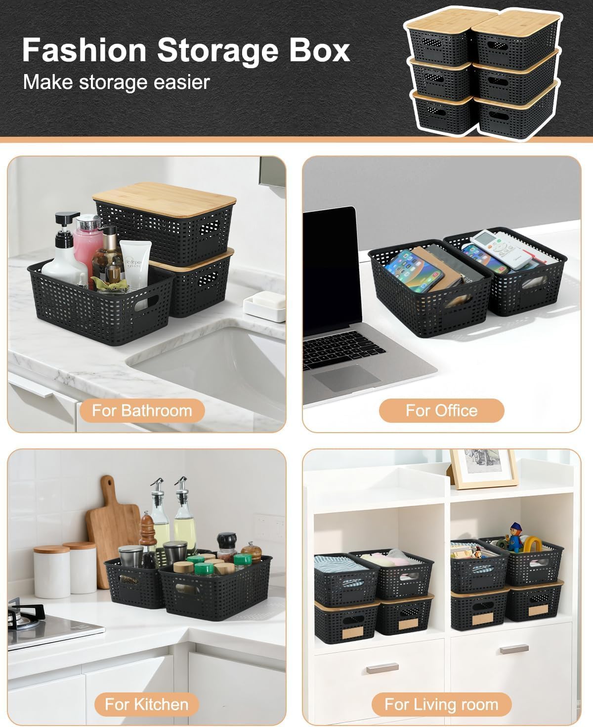 Storage Bins with Lids 6 Pack, Plastic Storage Basket with Bamboo Lids for Pantry Organization and Storage Containers for Shelves Drawers Desktop Closet Playroom Classroom Office Home, Black