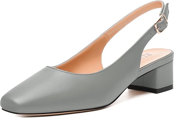 Womens Fashion Buckle Slingback Pumps, Square Closed Toe Chunky Heel Solid Matte Shoes for Women 1.3 inch