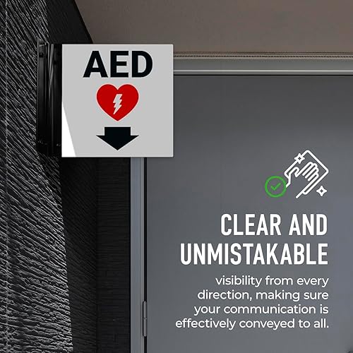 Miniatura 4 de Letrero de proyección AED, doble cara, 6x6 pulgadas, ACM, con accesorio negro satinado de níquel cepillado, fabricado en Estados Unidos