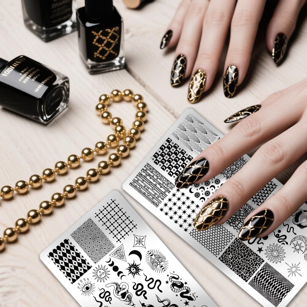 PH PandaHall 3pcs Sun Moon Star Nail Stamping Plates Snakes Nail Image Plates Night Sky Manicure Art Templates Geometric Texture Nails Art Stencils for Women Manicures Salon DIY Design Printing - Image 4