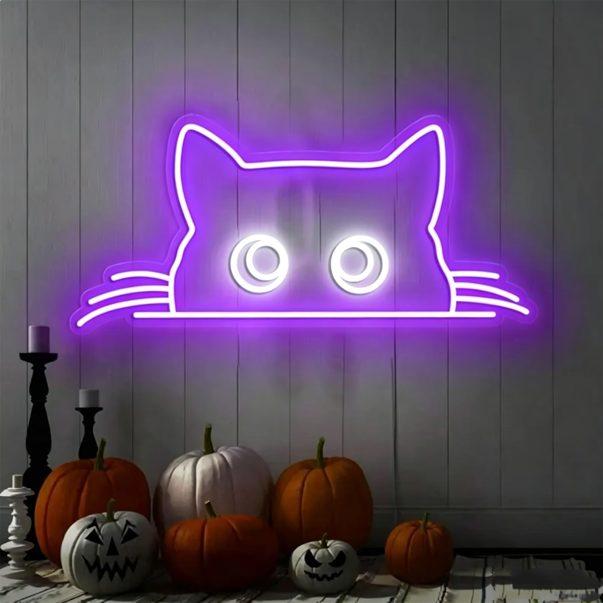 Purple Peeking Cat Neon Sign 16" x 10" with Dimmable Switch for Wall Decor, USB Powered Halloween Neon Sign for Bedroom, Living Room, Spooky Party, Indoor Home Display