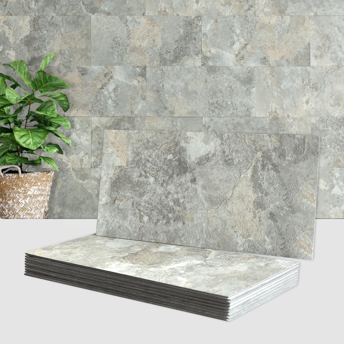 AULIGET 6" x 12" Peel and Stick Backsplash Wall Tiles, Grey & Beige Slate PVC Faux Stone Stick on Tiles for Backsplash Kitchen (Pack of 20)