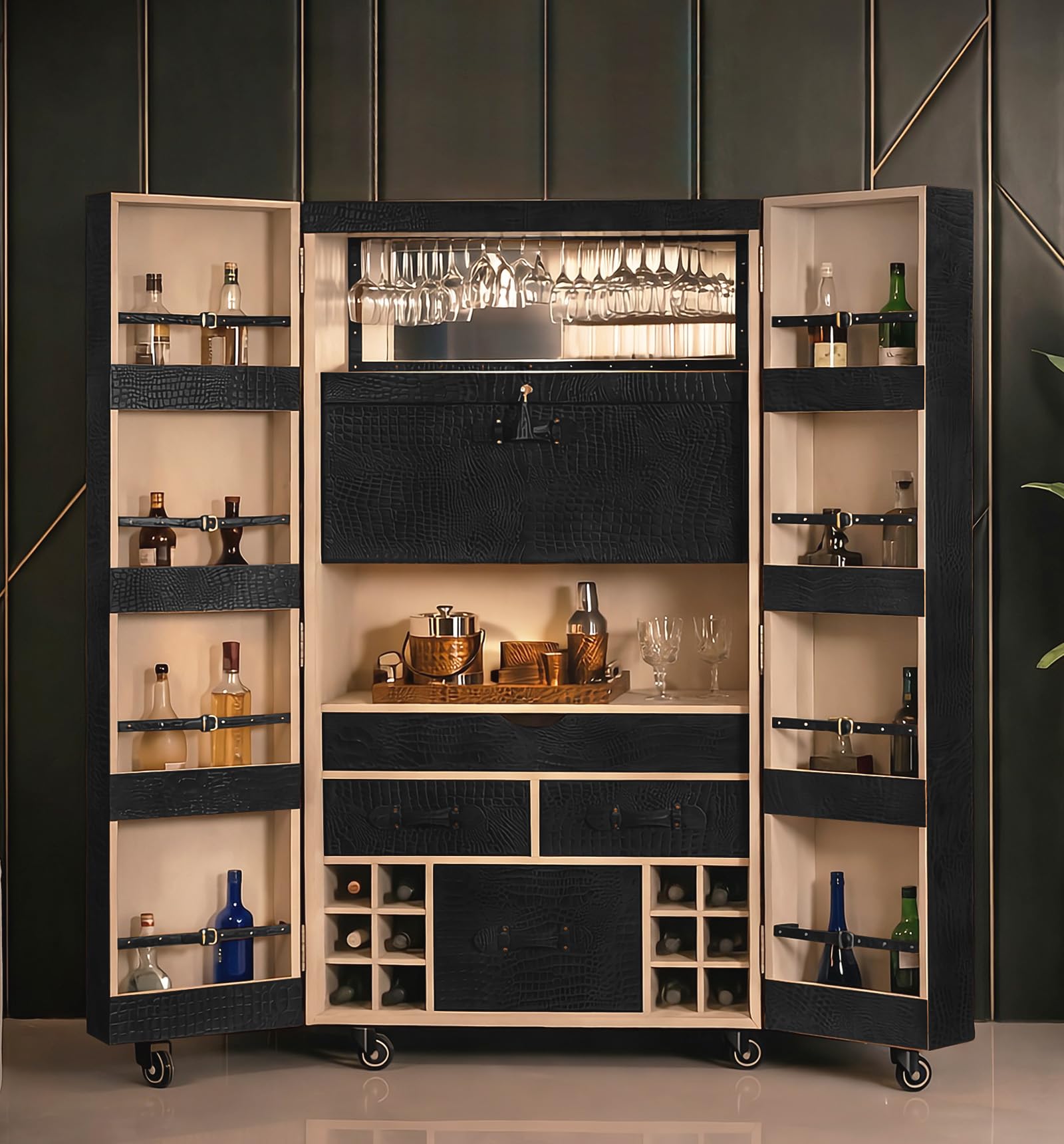 Bar Cabinet for Home | Bar Counter for Home | Bar for Home | Bar Cabinets for Living Room | Bar Set up Liquor Bar Cabinets for Home | Artemis Croco Tall Leather Bar - Black-image-20