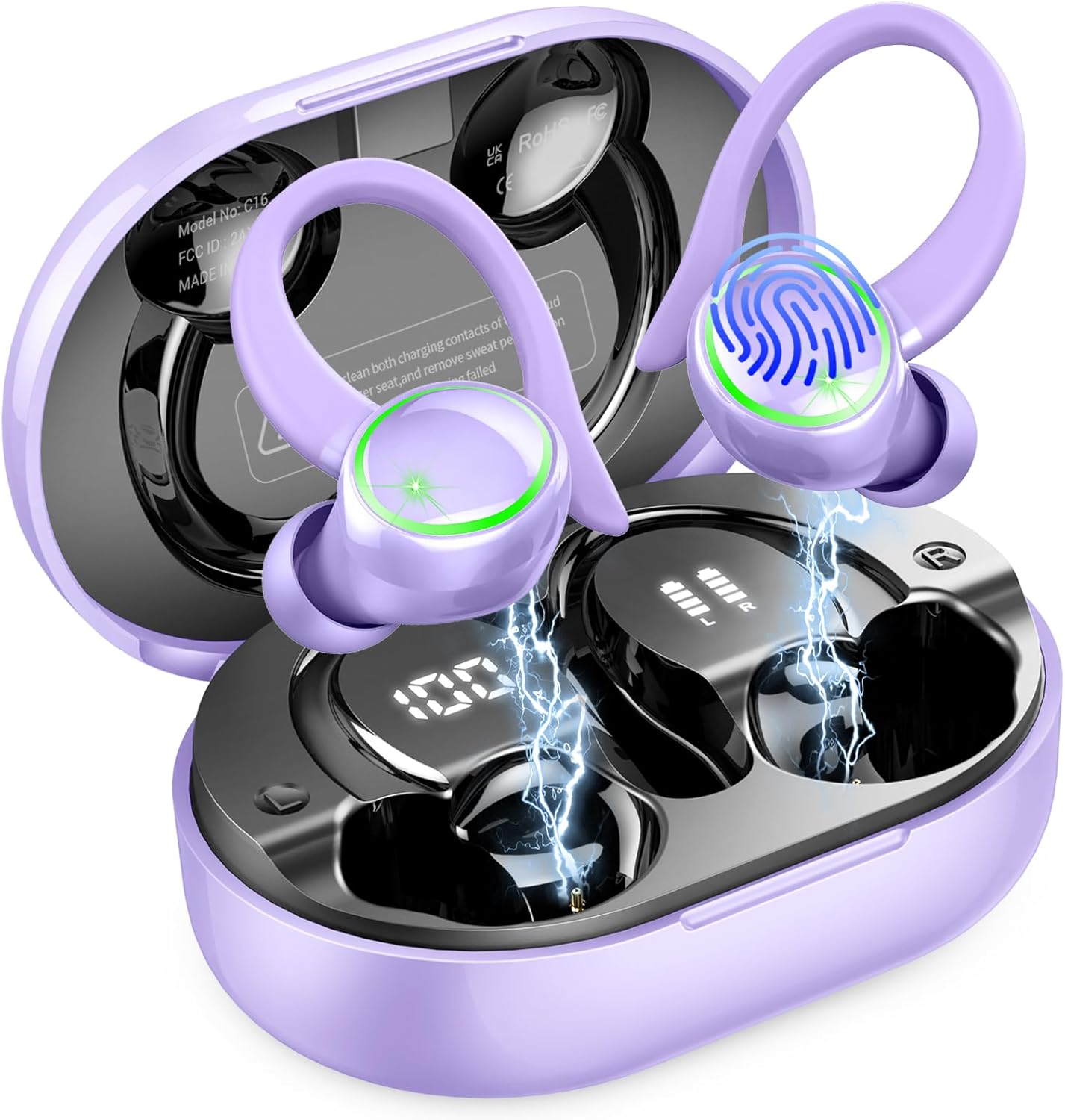 Wireless Earbuds, Bluetooth 5.4 Headphones, 50H+ Playtime Stereo Noise Canceling Headphones with 4 ENC Mic, Sport Ear buds with Earhooks, IPX7 Waterproof Wireless Earphones for Sport/Running/Gym