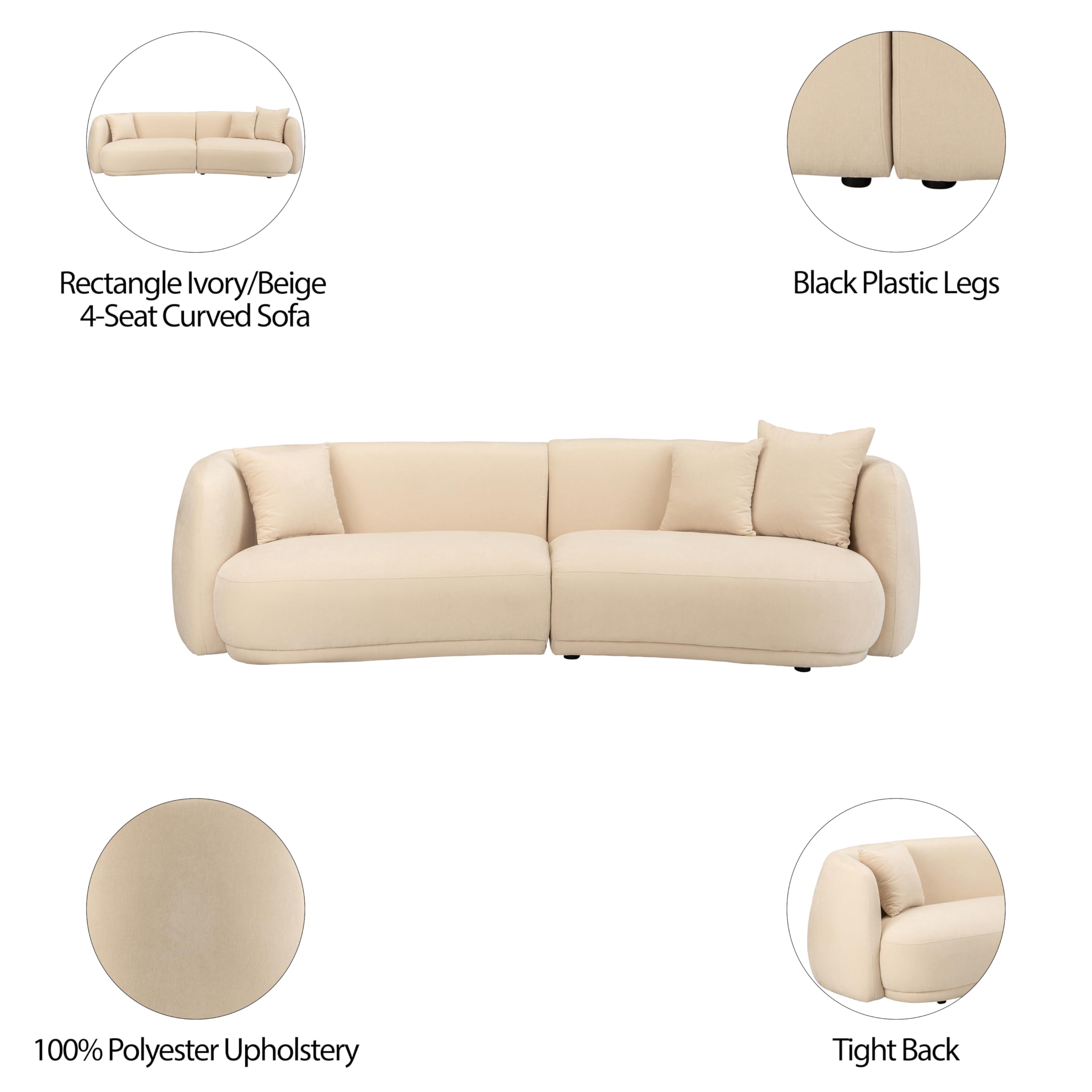 Sofá curvo de lujo de 5 asientos de 117 pulgadas, sofá marfil/beige, marco de madera y tela cómoda, asientos profundos anchos de gran tamaño, modular moderno minimalista de mediados de 4