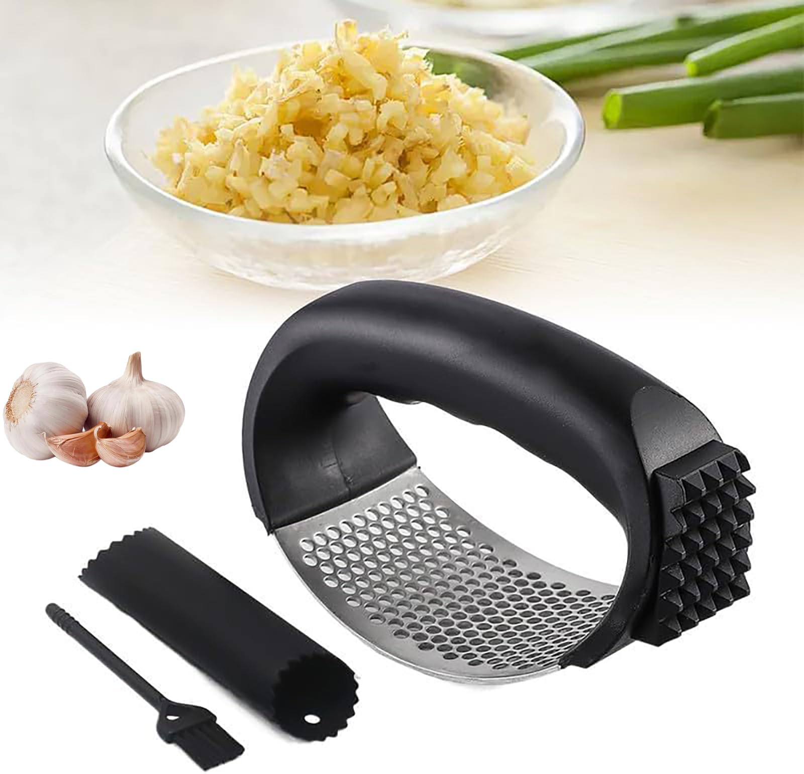 2026 New Upgraded Stainless Steel Garlic Press,Garlic Press Rocker,Garlic Crusher with Peeler and Cleaning Brush, Garlic Chopper for Crush Garlic Kitchen Gadgets. (Black)