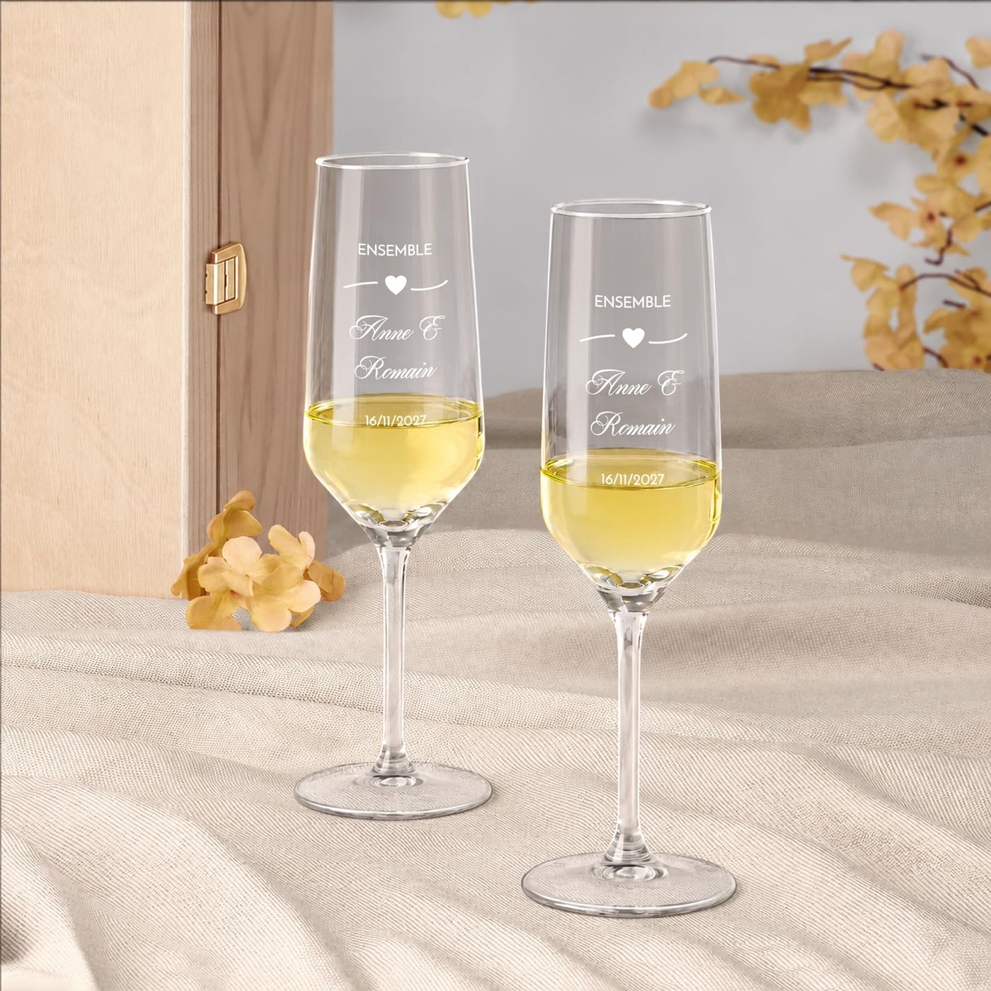 Maverton Flûtes à Champagne 200ml avec Boite Personnalisable – 2x Flute Champagne Verre Personnalisé avec Coffret en bois - Cadeau Couple Personnalisé - Cadeau Mariage Original - style bohème
