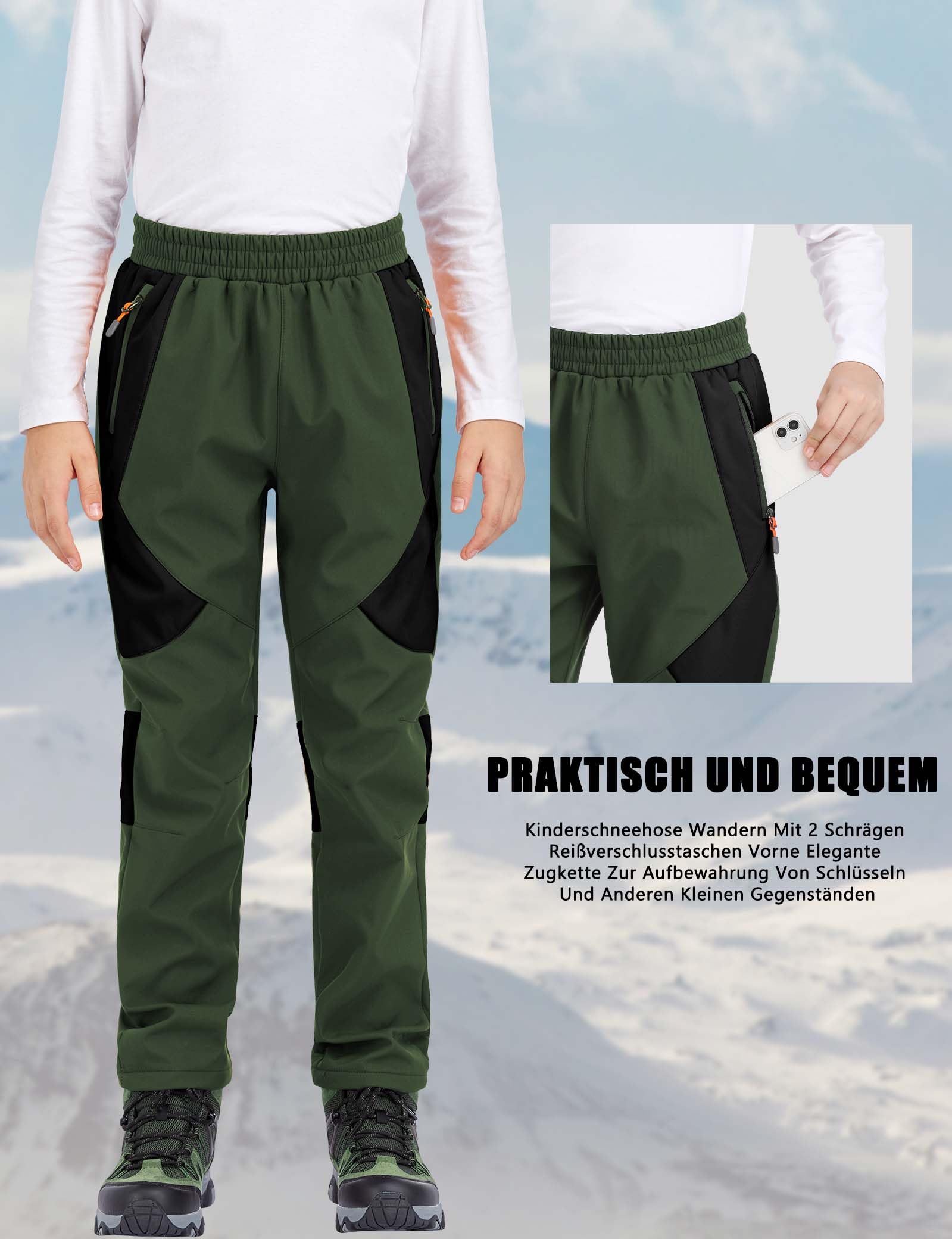 Pantalones de Softshell para niños con Forro Polar Pantalones Impermeables para niños, Pantalones de esquí para niño Senderismo Pantalones de Lluvia Pantalones