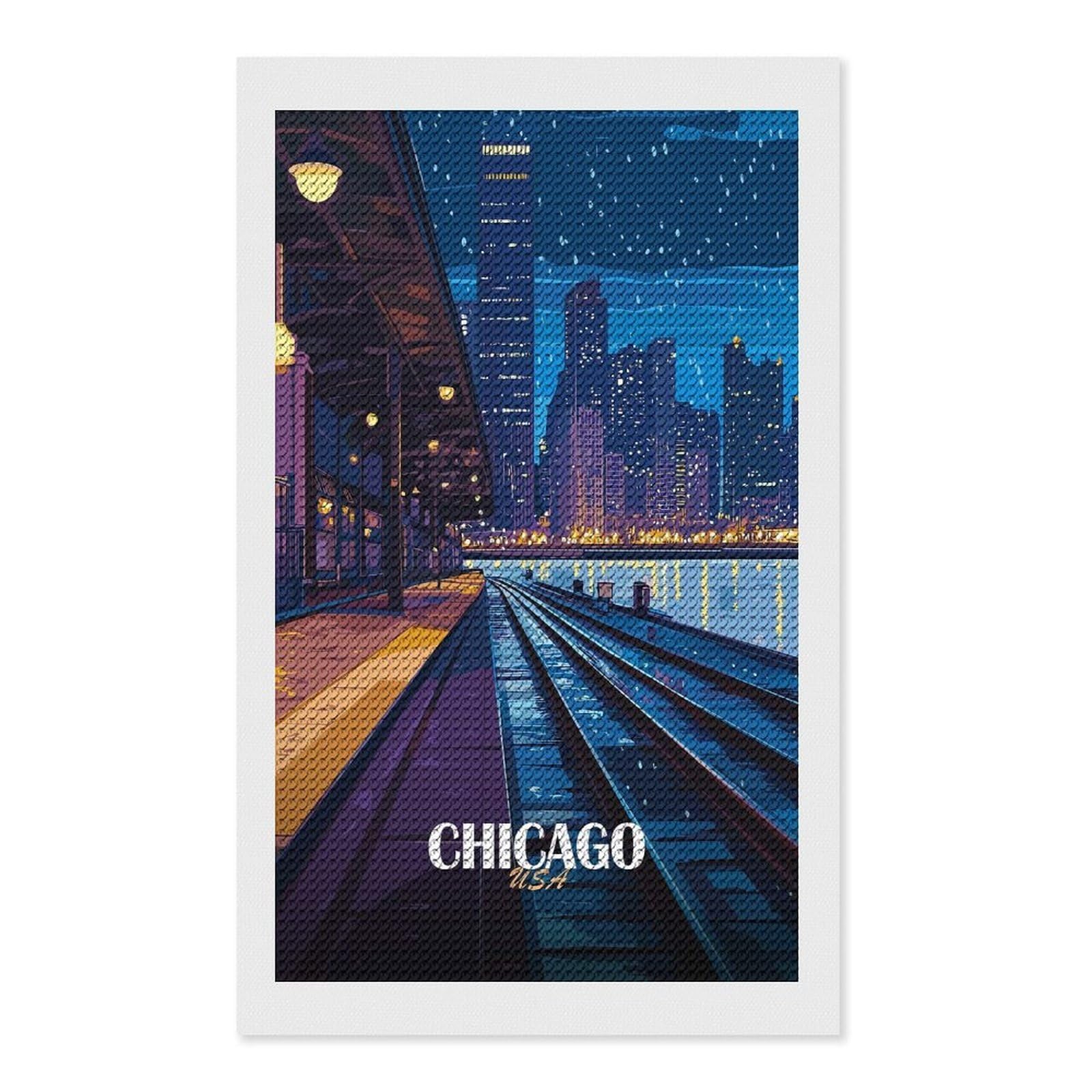 Junmoney Chicago Cityscape at Night Diamond Art Canvas 12"x20", for Creative Relaxation, Simple to Start, Aesthetic Room Decor, Holiday Gift Idea