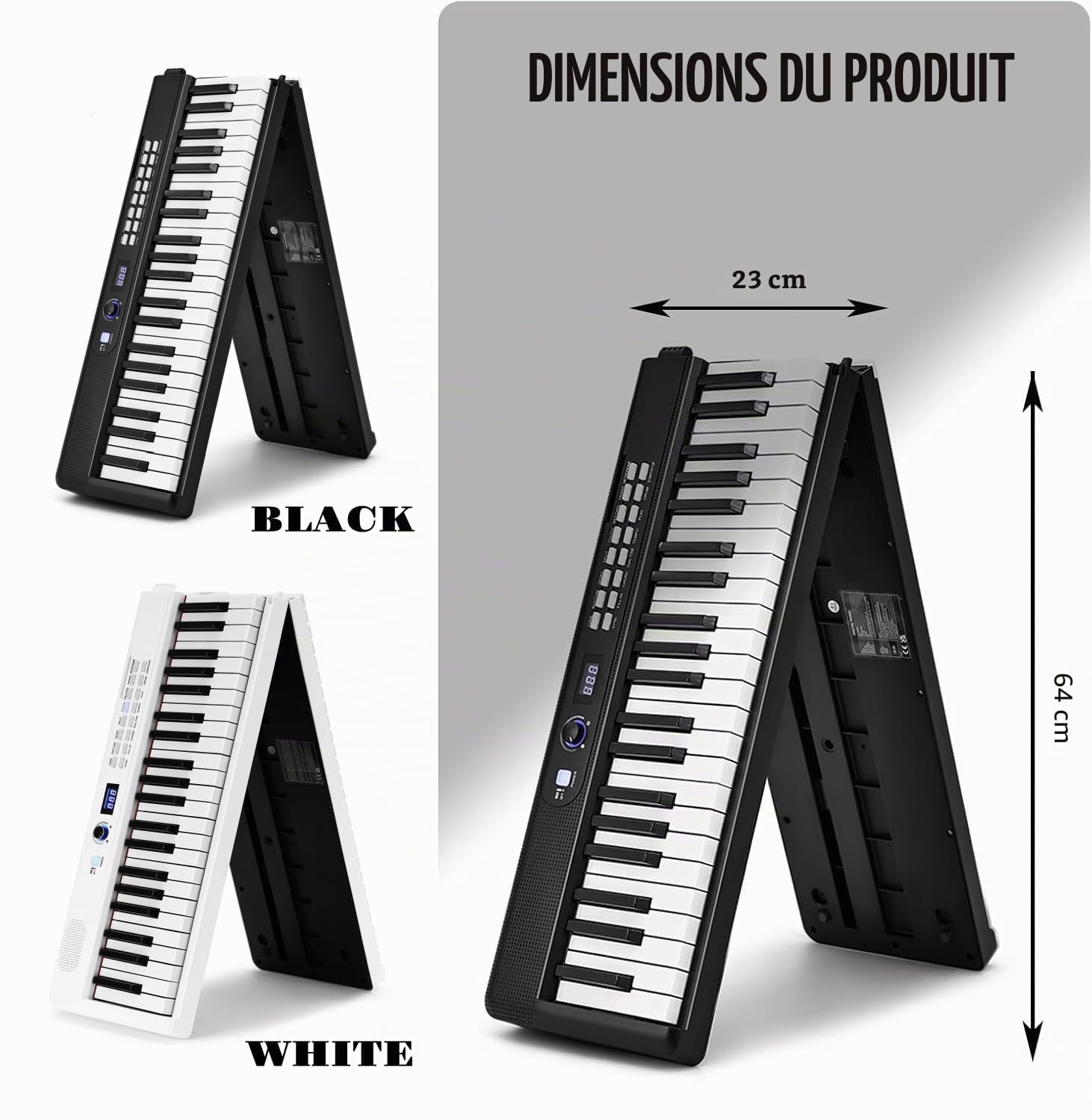 MUSTAR Piano numérique pliable 88 touches avec touches éclairées, piano numérique semi-poids, piano électronique portable avec Bluetooth, MIDI, pédale de sustain, casque pour débutants, blanc