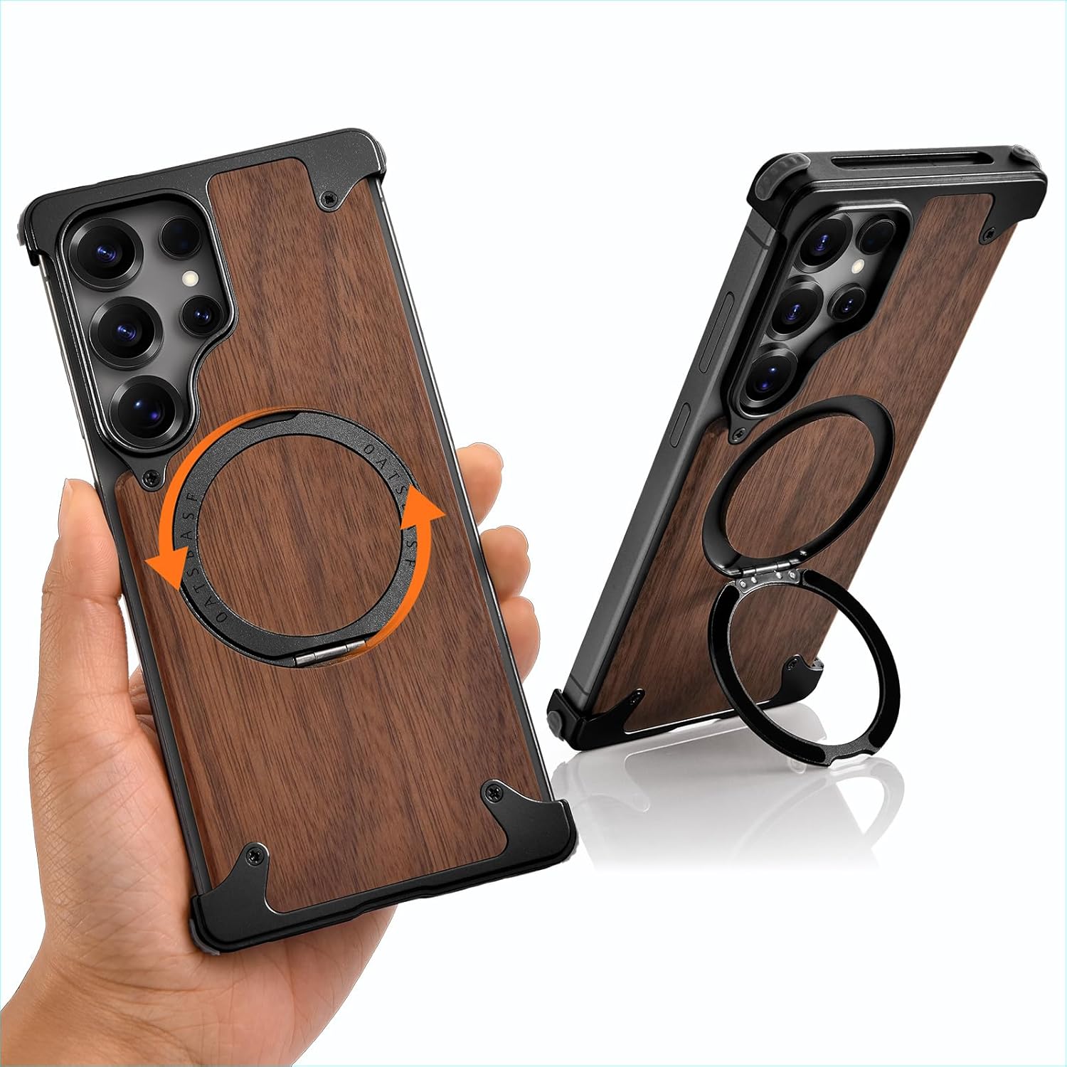 Wood S25 Ultra Case with Kickstand, Slim Frameless for Samsung Galaxy S25 Ultra Case for Magsafe, Magnetic Protective Phone Cover for Samsung S25 Ultra for Men Women 6.86 Inch, Walnut Black