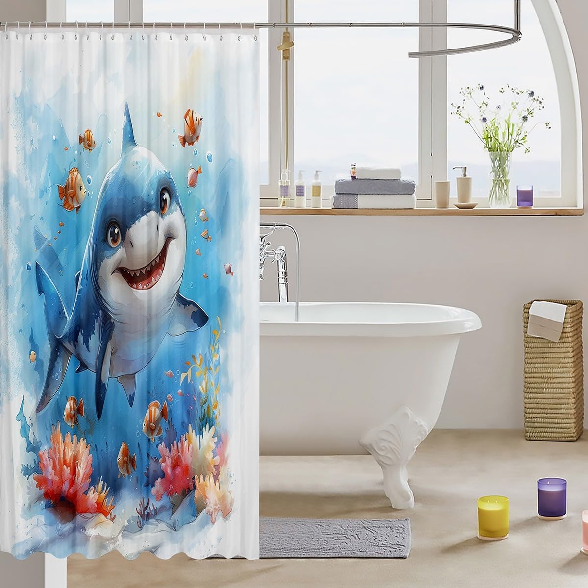 Cartoon Shark Shower Curtain,Coral Fish Underwater World Bathroom Curtain Kids Girls Boys Bathroom Decor,Marine Animal Bath Curtain,Sealife Watercolor Tie Dyeing Waterproof Curtain,12 Hooks,72"Wx72"L image 3